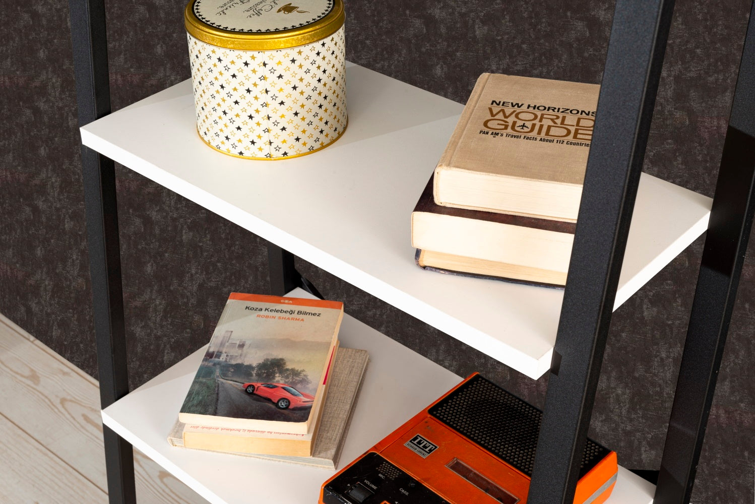 Leon 5 Tier Modern Ladder Bookshelf Organizers, Metal white-solid wood