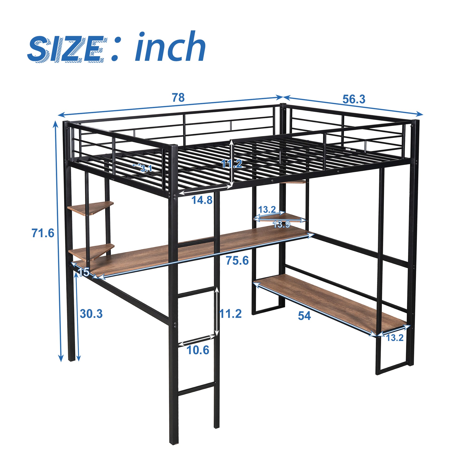 Full Size Loft Metal&Mdf Bed With Long Desk And Shelves,Black Black Metal