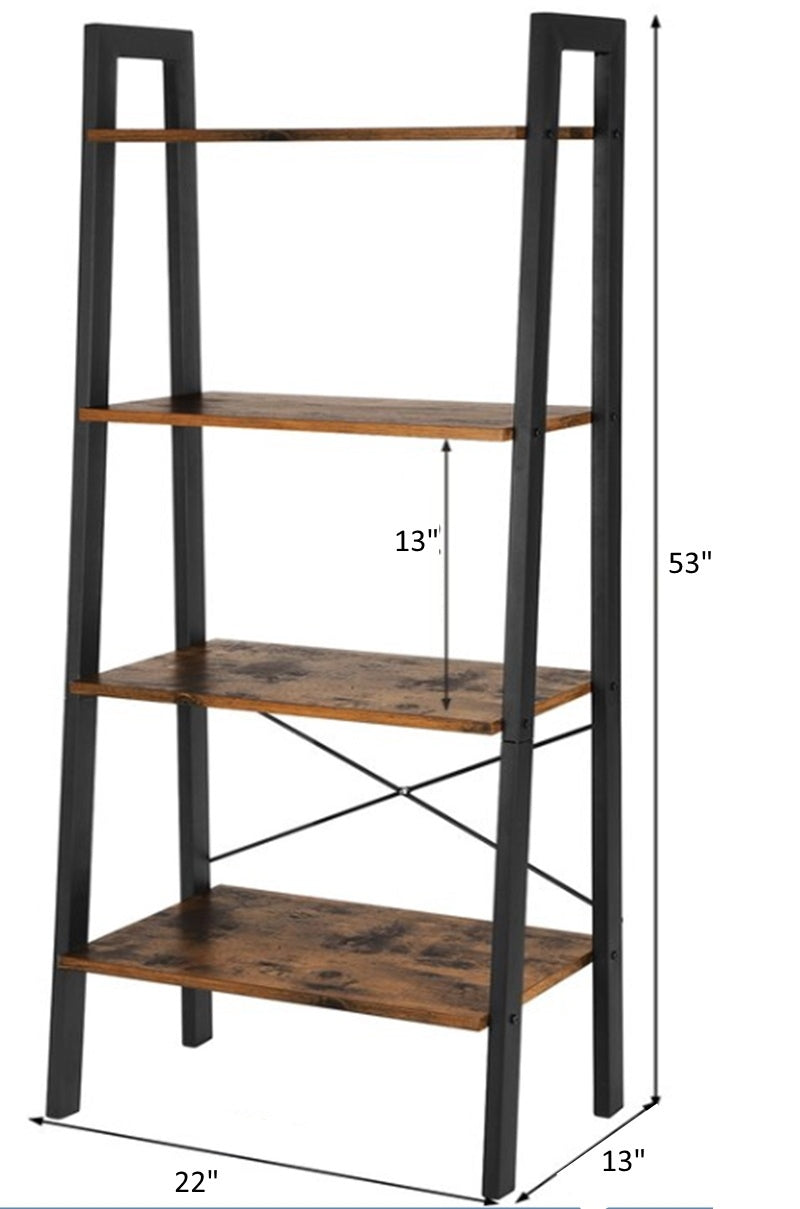 Leon 5 Tier Modern Ladder Bookshelf Organizers, Metal black-solid wood