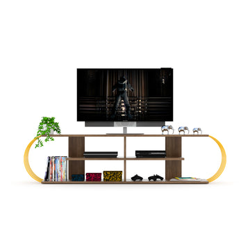 Furnishome Store Mid Century Modern Tv Stand 4 Shelves Open Storage Entertainment Centre 68 Inch Tv Unit, Walnut Yellow Walnut Solid Wood