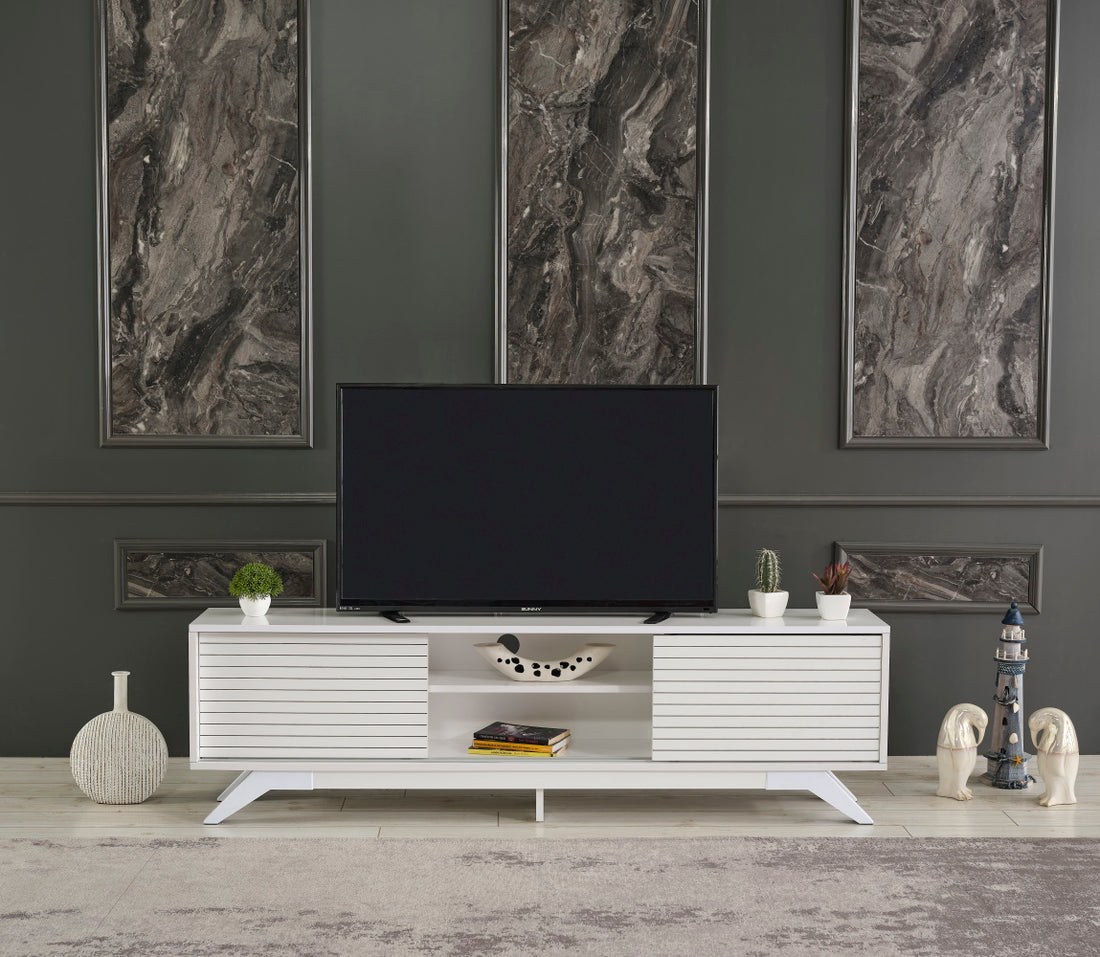 Furnishome Store Luxia Mid Century Modern Tv Stand 2 Sliding Door Cabinet 2 Shelves 67 Inch Tv Uni, White White Solid Wood