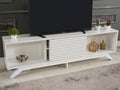 Furnishome Store Luxia Mid Century Modern Tv Stand 2 Sliding Door Cabinet 2 Shelves 67 Inch Tv Uni, White White Solid Wood