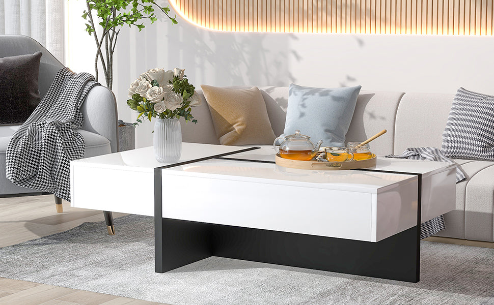 Contemporary Rectangle Design Living Room Furniture, Modern High Gloss Surface Cocktail Table, Center Table For Sofa Or Upholstered Chairs, 45.2*25.5*13.7In White Particle Board