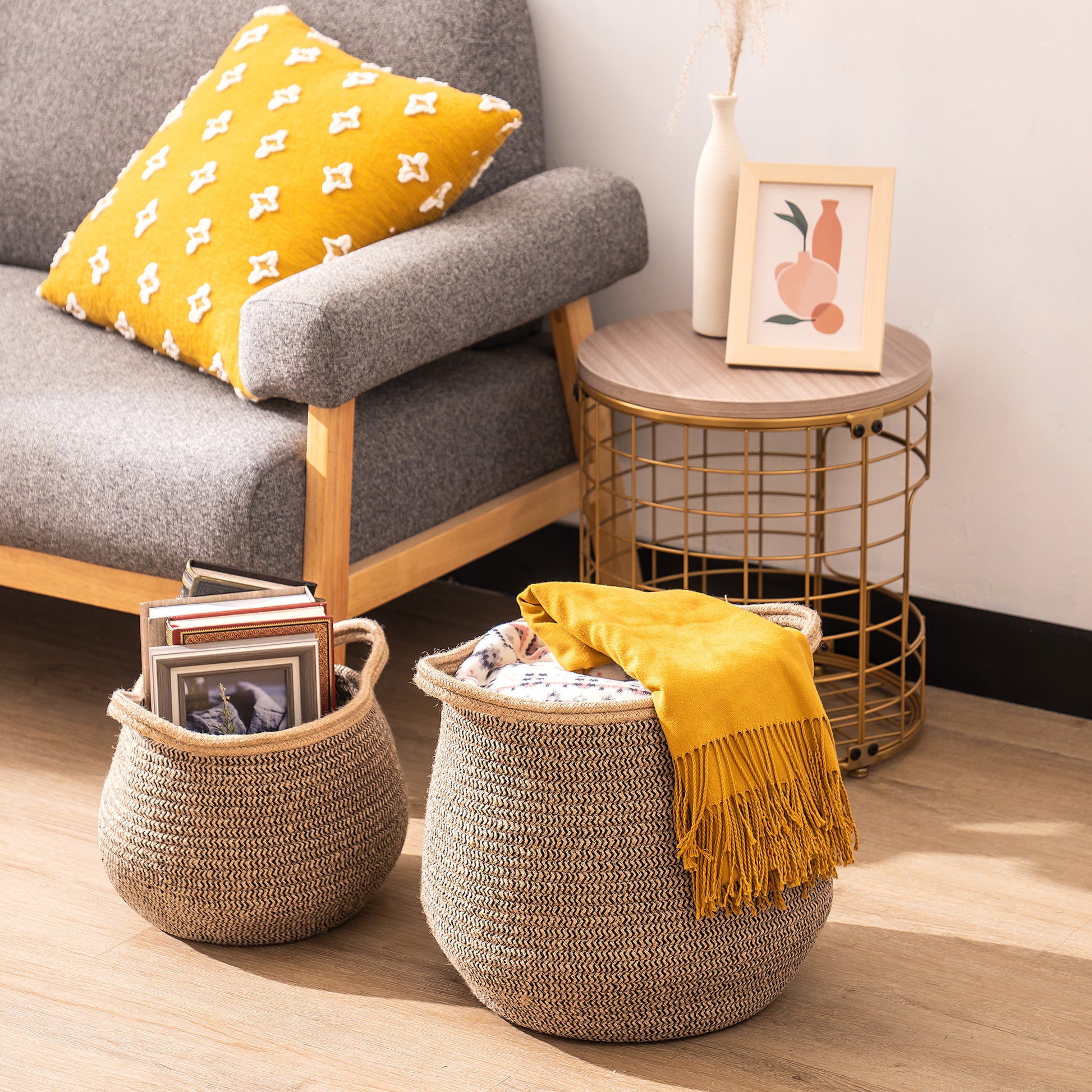 Cotton Linen Laundry Basket Set For Bathroom -