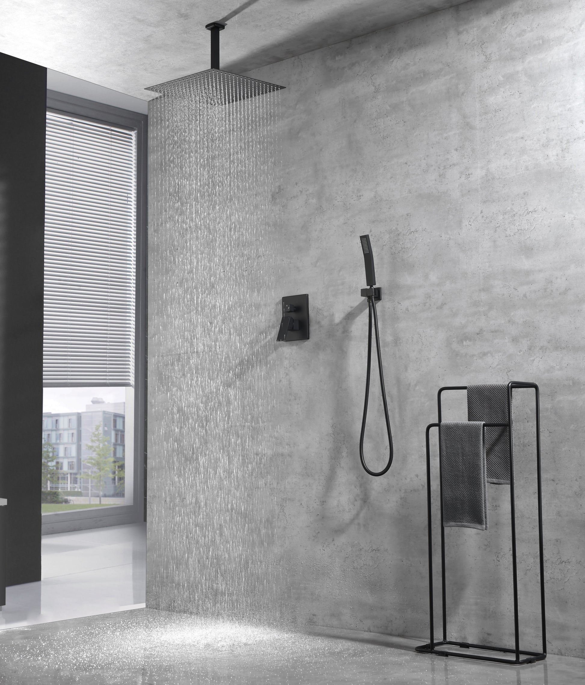 Ceiling Mounted Shower System Combo Set With Handheld And 16"Shower Head Matte Black Brass