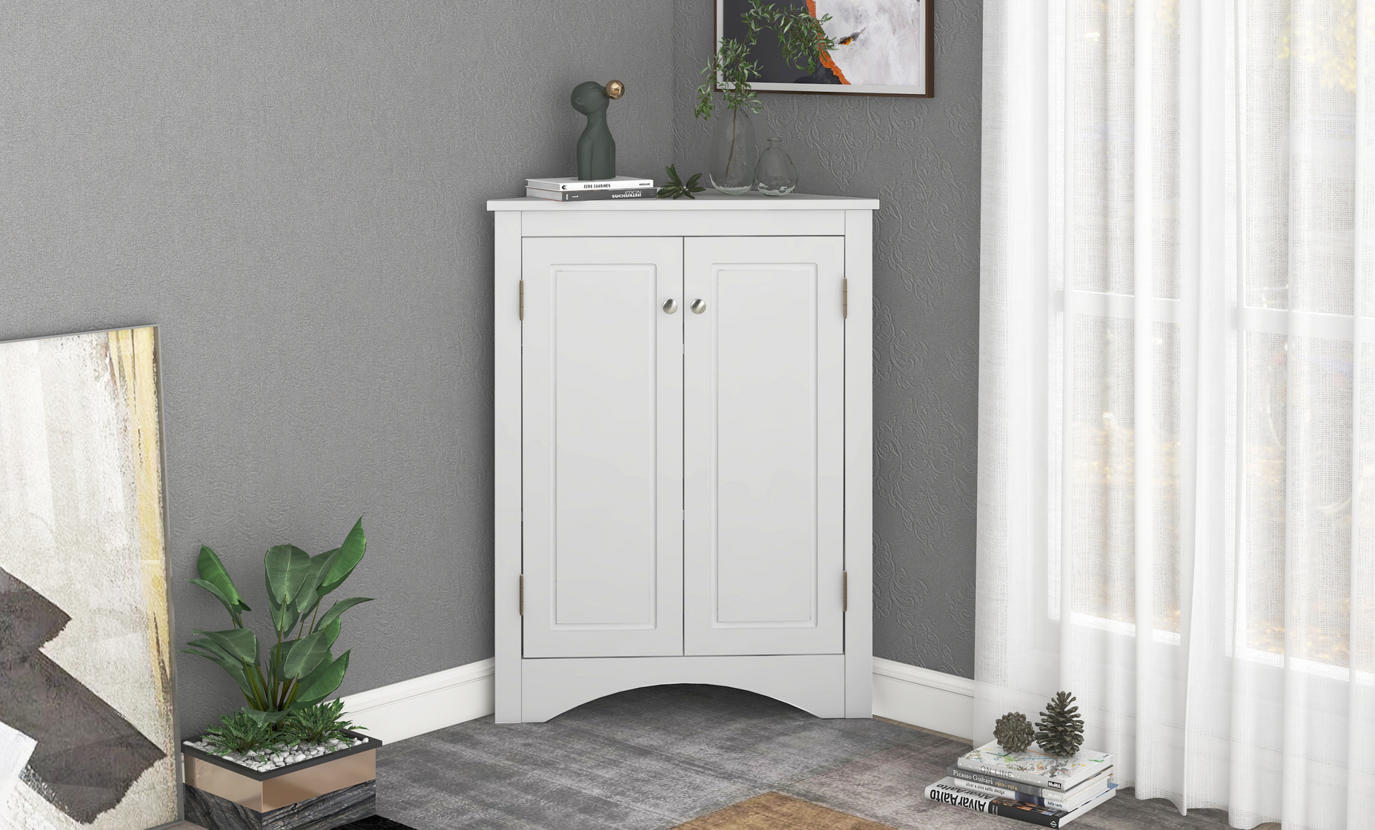 White Triangle Bathroom Storage Cabinet With Adjustable Shelves, Freestanding Floor Cabinet For Home Kitchen White Mdf