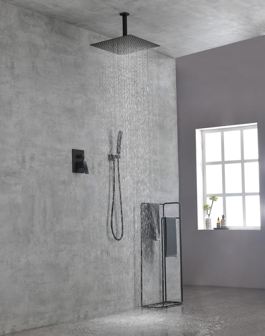 Ceiling Mounted Shower System Combo Set With Handheld And 16"Shower Head Matte Black Brass