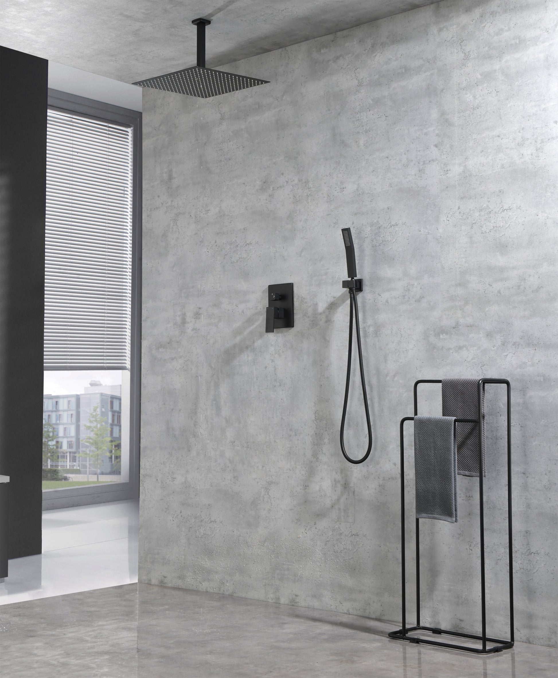 Ceiling Mounted Shower System Combo Set With Handheld And 16"Shower Head Matte Black Brass