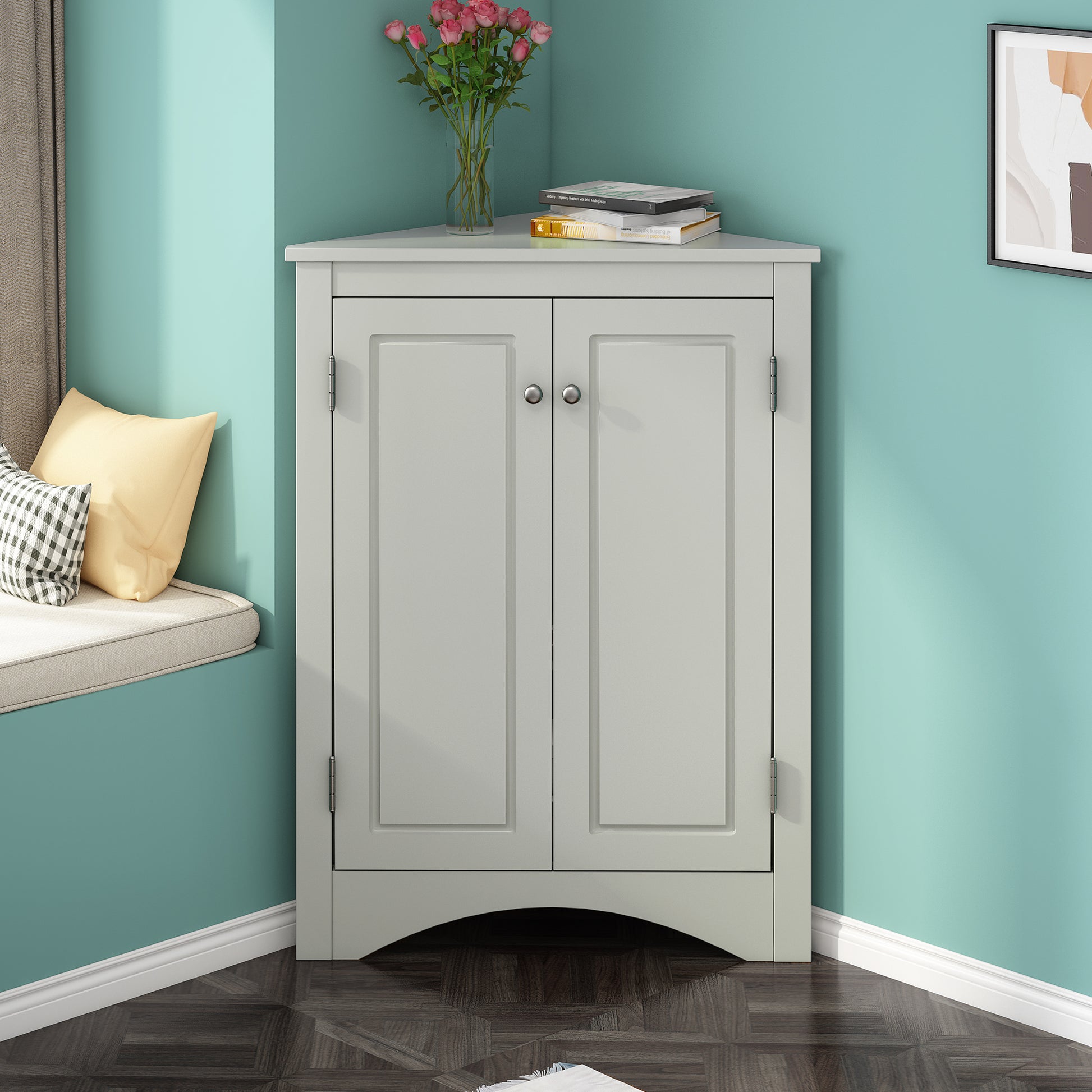 Grey Triangle Bathroom Storage Cabinet With Adjustable Shelves, Freestanding Floor Cabinet For Home Kitchen Grey Mdf