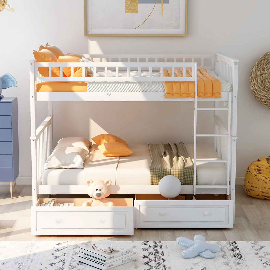 Full Over Full Bunk Bed With Drawers, Convertible Beds, White Old Sku: Sm000241Aak 1 Box Spring Not Required Full White Wood Bedroom Bunk Pine