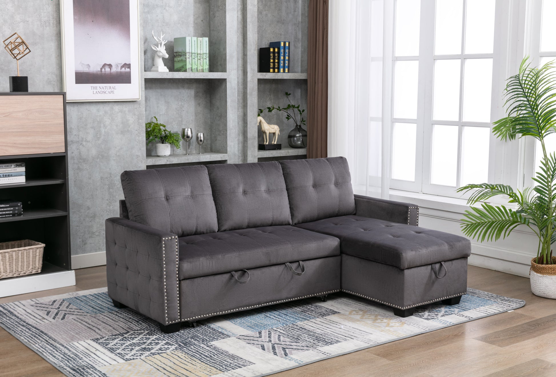 77 Inch Reversible Sectional Storage Sleeper Sofa Bedl Shape 2 Seat Sectional Chaise With Storageskin Feeling Velvet Fabric ,Dark Grey Color For Living Room Furniture Dark Grey Velvet