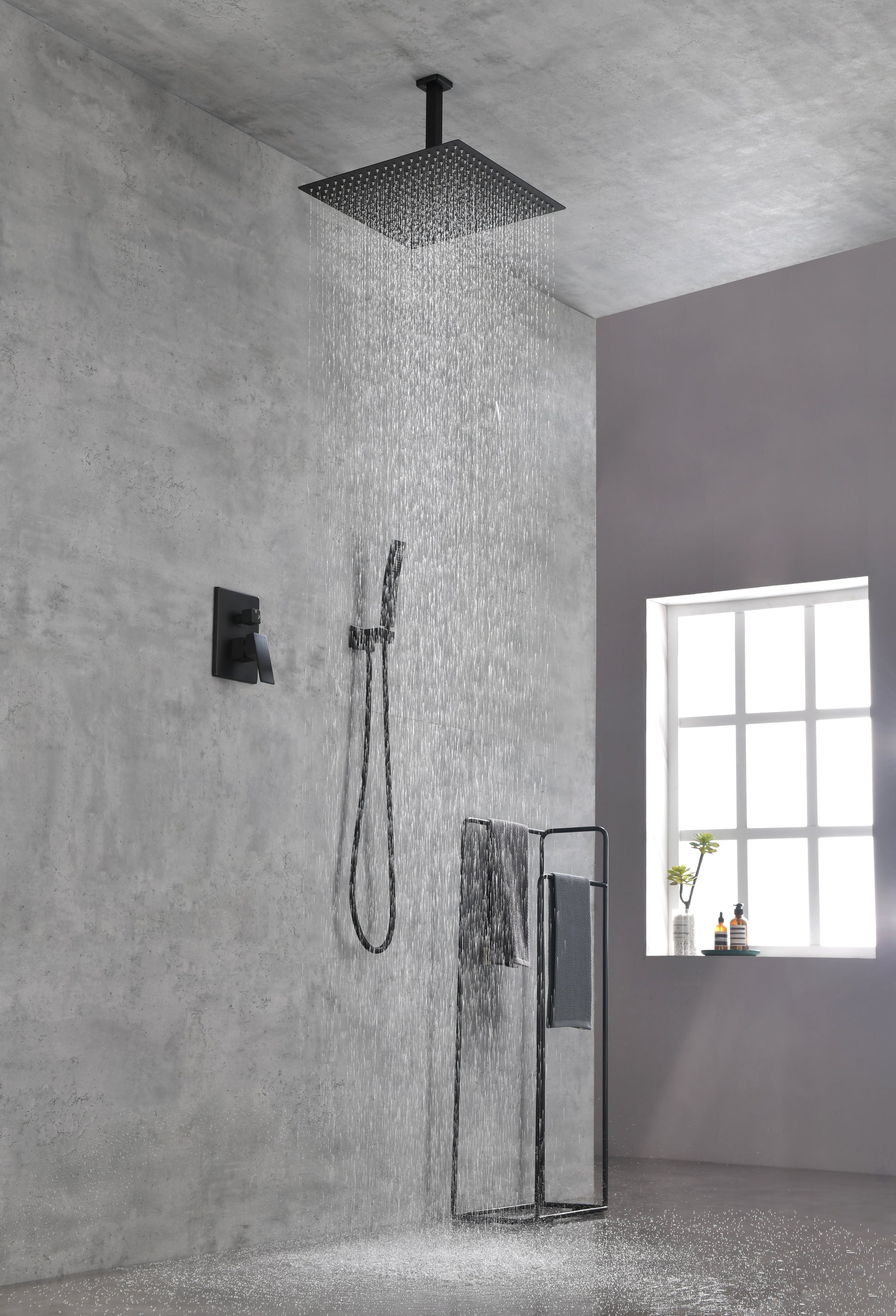 Ceiling Mounted Shower System Combo Set With Handheld And 16"Shower Head Matte Black Brass