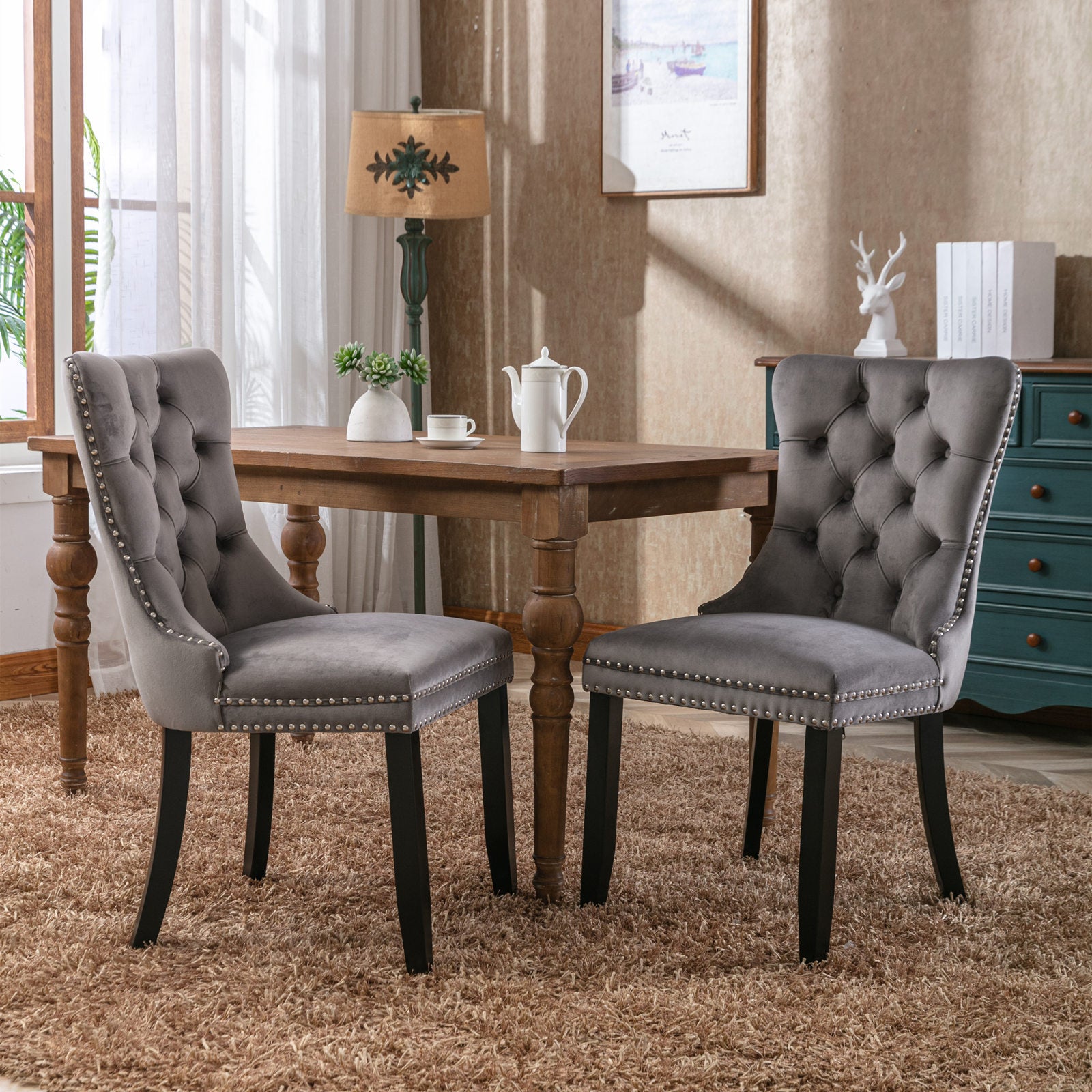 Nikki Collection Modern, High End Tufted Solid Wood Contemporary Velvet Upholstered Dining Chair With Wood Legs Trim 2 Pcs Set,Gray, Sw2001Gy Gray Dining Room American Design Dining Chairs Rubberwood Foam Velvet