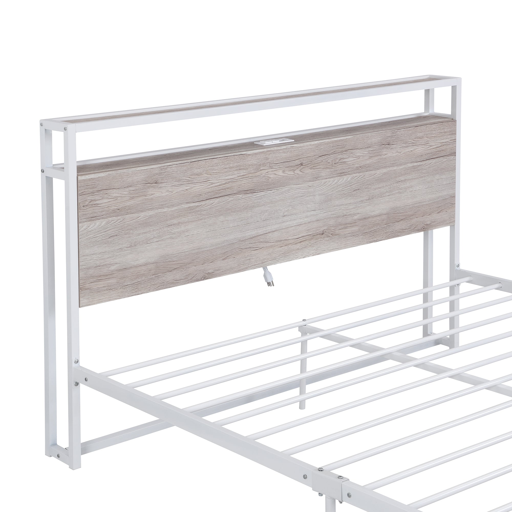 Queen Size Metal Platform Bed Frame with Sockets, USB white-metal