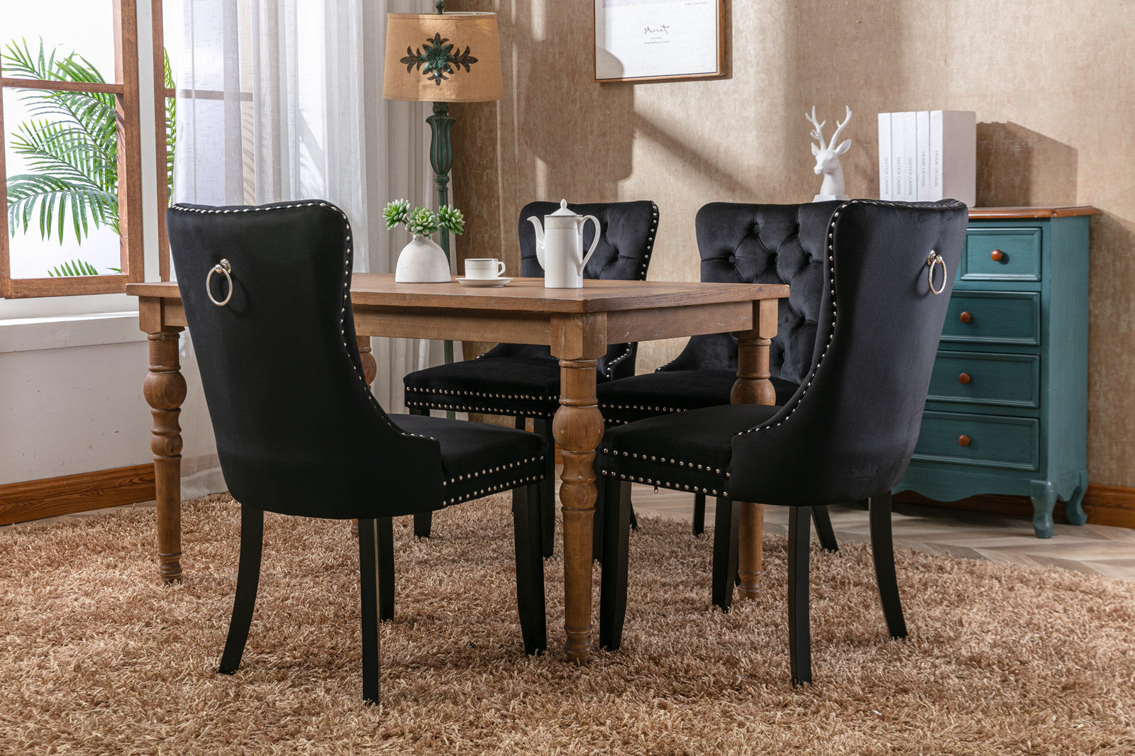 Nikki Collection Modern, High End Tufted Solid Wood Contemporary Velvet Upholstered Dining Chair With Wood Legs Trim 2 Pcs Set, Black, Sw2001Bk Black Dining Room American Design Dining Chairs Rubberwood Foam Velvet