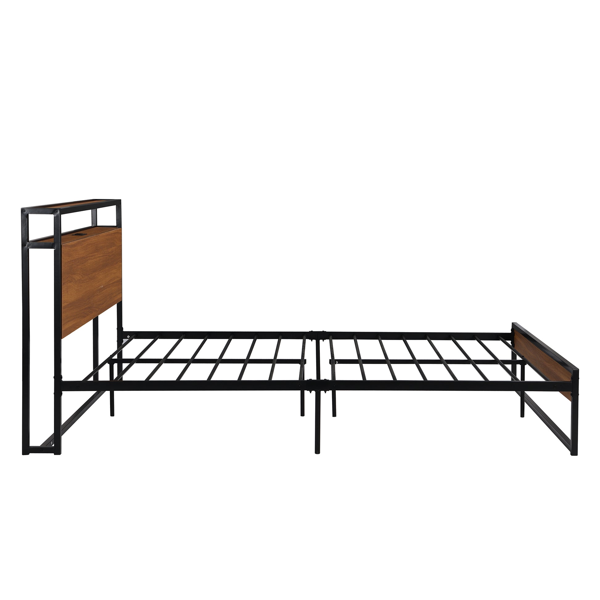 Queen Size Metal Platform Bed Frame With Sockets, Usb Ports And Slat Support ,No Box Spring Needed Black Black Metal
