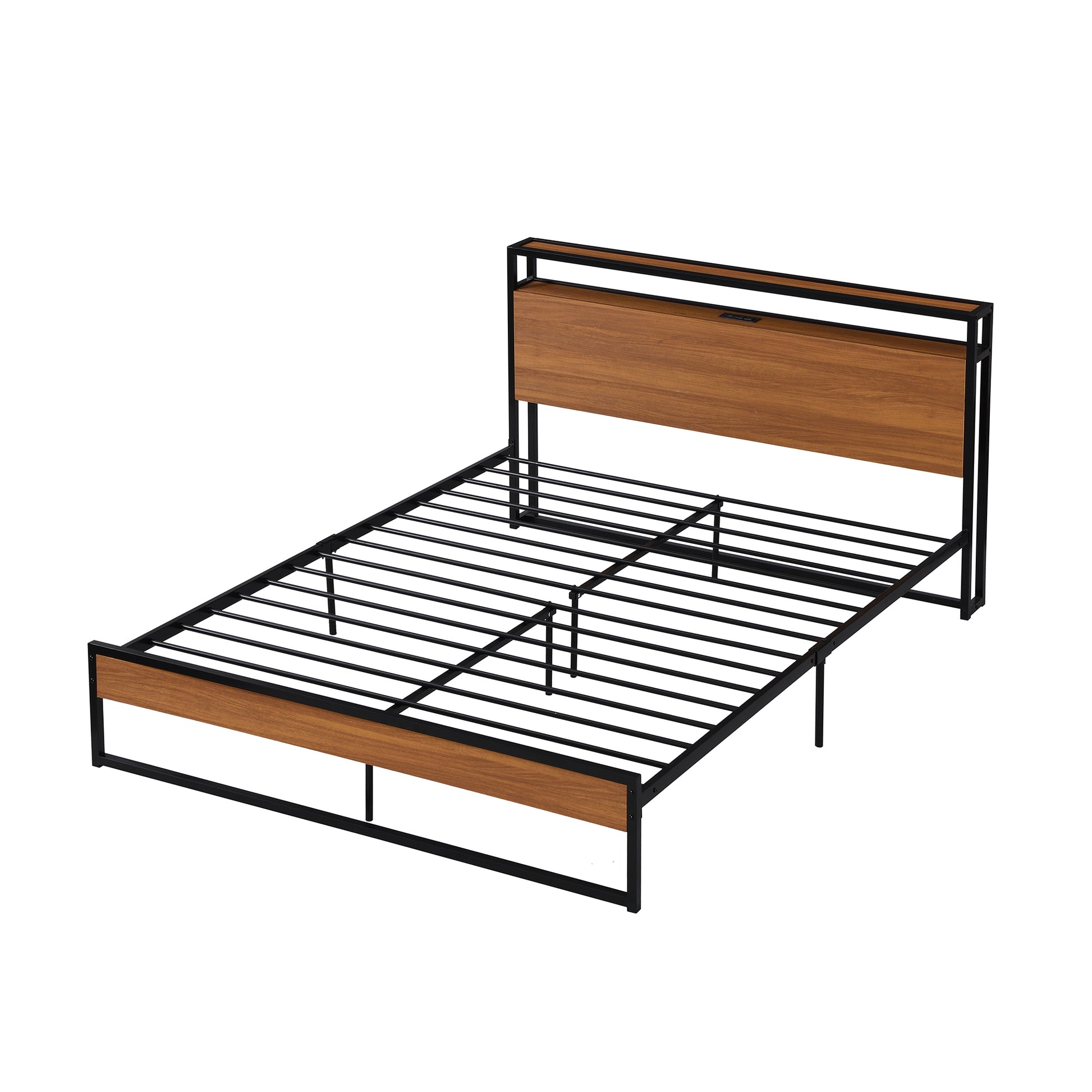 Queen Size Metal Platform Bed Frame With Sockets, Usb Ports And Slat Support ,No Box Spring Needed Black Black Metal