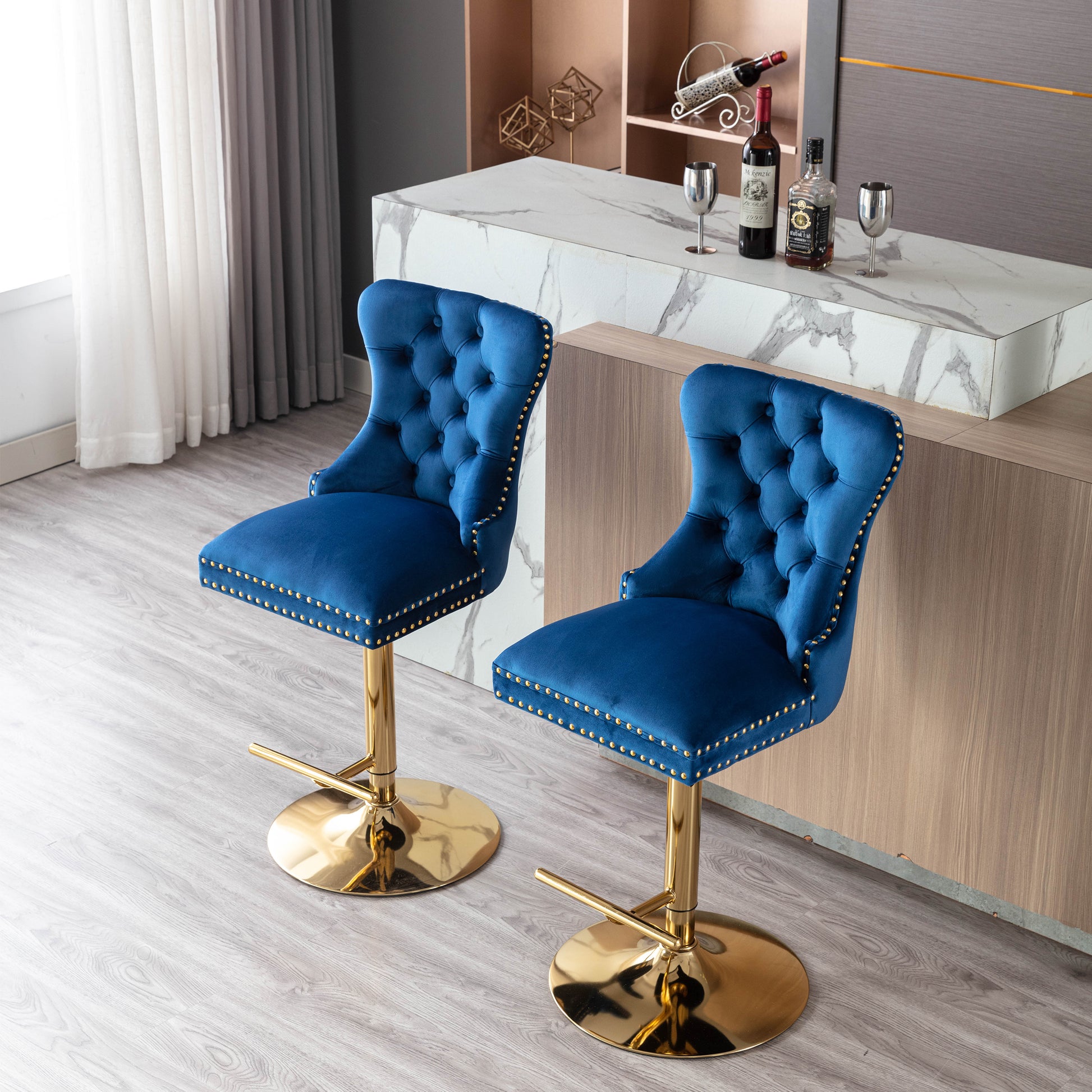Swivel Bar Stools Chair Set Of 2 Modern Adjustable Counter Height Bar Stools, Velvet Upholstered Stool With Tufted High Back & Ring Pull For Kitchenchrome Golden Base, Blue Navy Blue Foam Iron