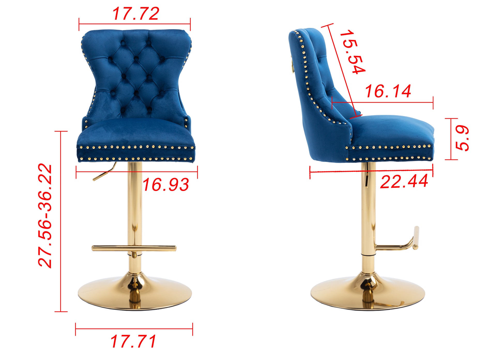 Swivel Bar Stools Chair Set Of 2 Modern Adjustable Counter Height Bar Stools, Velvet Upholstered Stool With Tufted High Back & Ring Pull For Kitchenchrome Golden Base, Blue Navy Blue Foam Iron