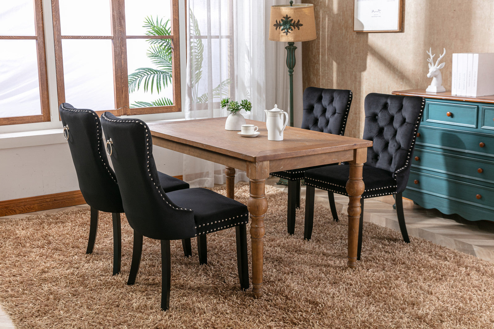 Nikki Collection Modern, High End Tufted Solid Wood Contemporary Velvet Upholstered Dining Chair With Wood Legs Trim 2 Pcs Set, Black, Sw2001Bk Black Dining Room American Design Dining Chairs Rubberwood Foam Velvet