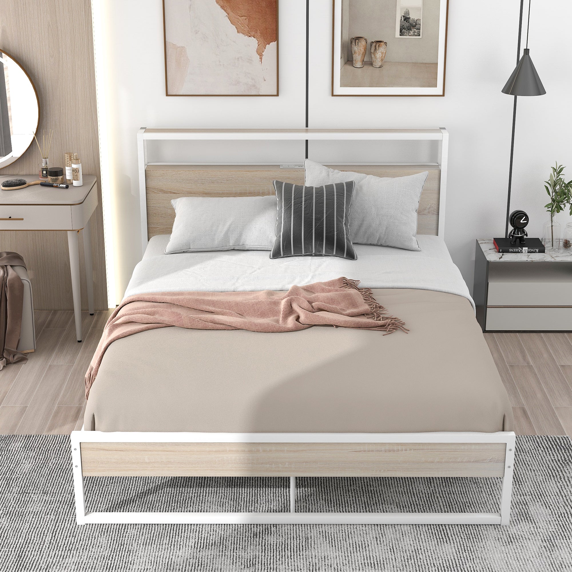 Queen Size Metal Platform Bed Frame with Sockets, USB white-metal