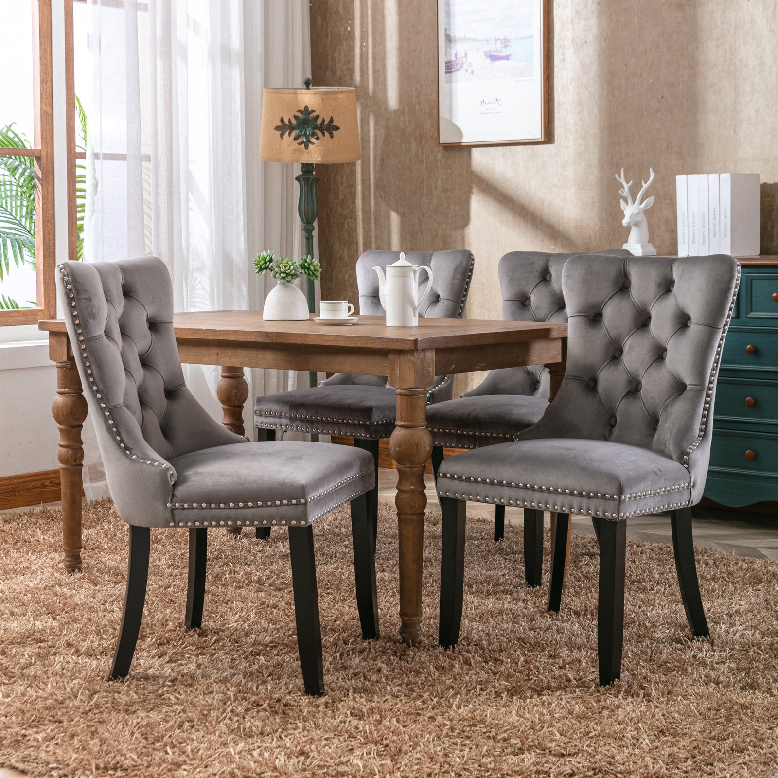 Nikki Collection Modern, High End Tufted Solid Wood Contemporary Velvet Upholstered Dining Chair With Wood Legs Trim 2 Pcs Set,Gray, Sw2001Gy Gray Dining Room American Design Dining Chairs Rubberwood Foam Velvet