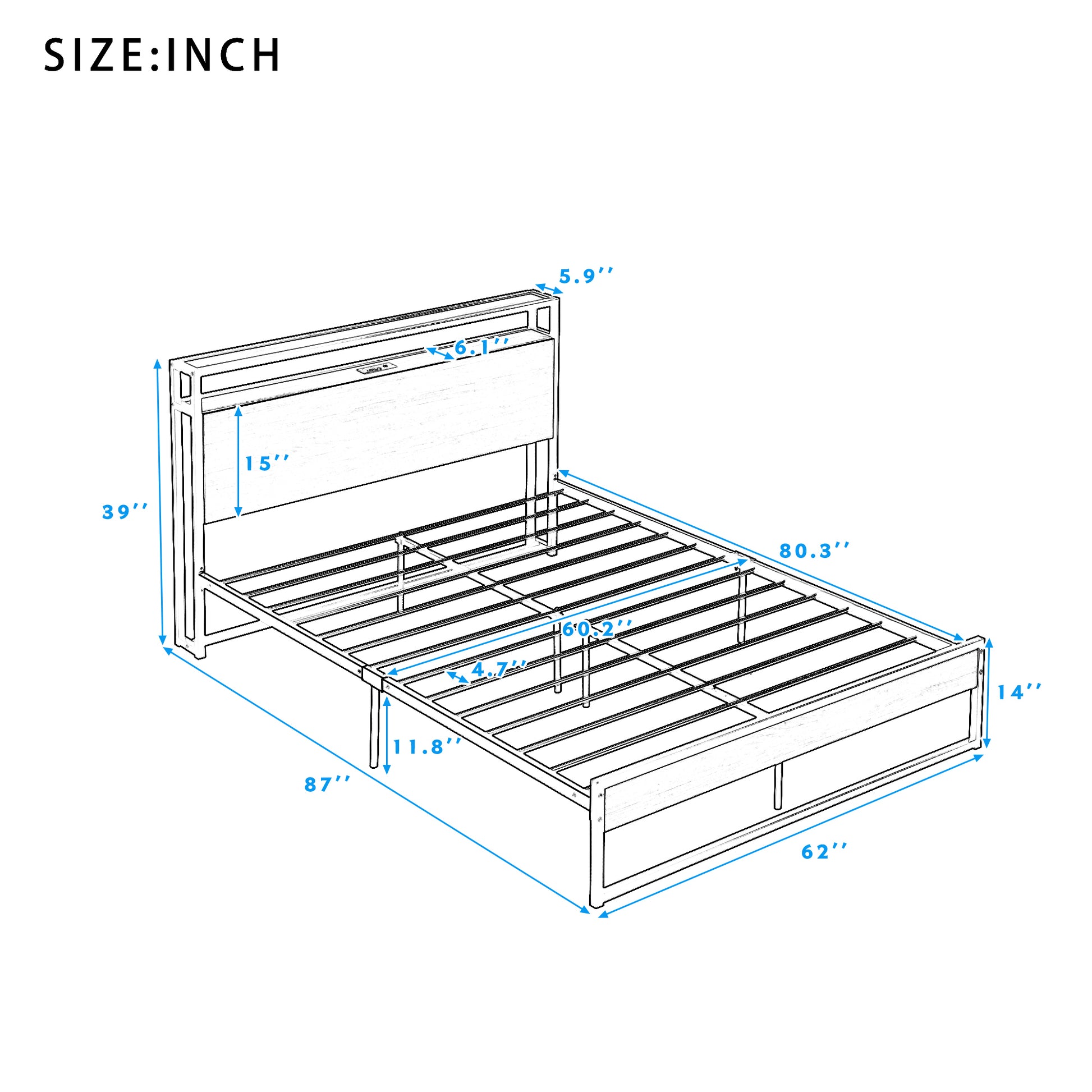 Queen Size Metal Platform Bed Frame With Sockets, Usb Ports And Slat Support ,No Box Spring Needed Black Black Metal