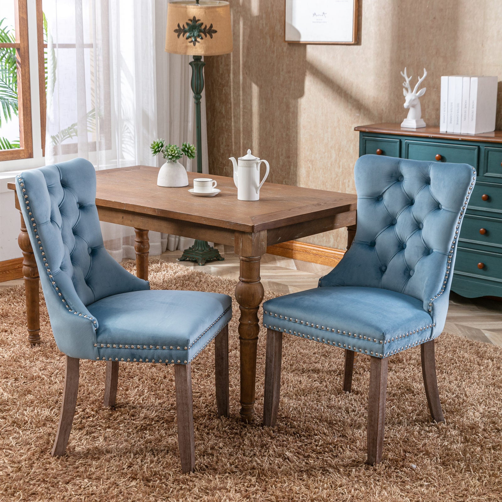 Nikki Collection Modern, High End Tufted Solid Wood Contemporary Velvet Upholstered Dining Chair With Wood Legs Trim 2 Pcs Set,Light Blue, Sw2001Lb Light Blue Dining Room American Design Rubberwood Foam Velvet