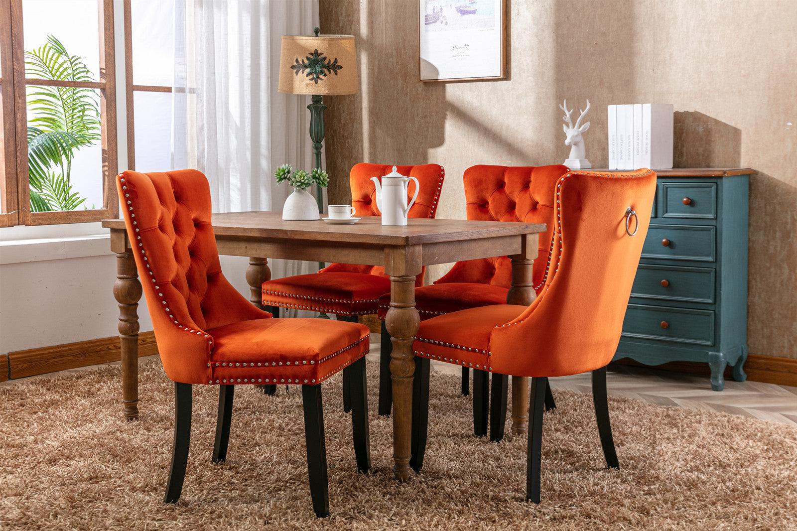 Nikki Collection Modern, High End Tufted Solid Wood Contemporary Velvet Upholstered Dining Chair With Wood Legs Trim 2 Pcs Set, Orange, Sw2001Og Orange Dining Room American Design Dining Chairs Rubberwood Foam Velvet