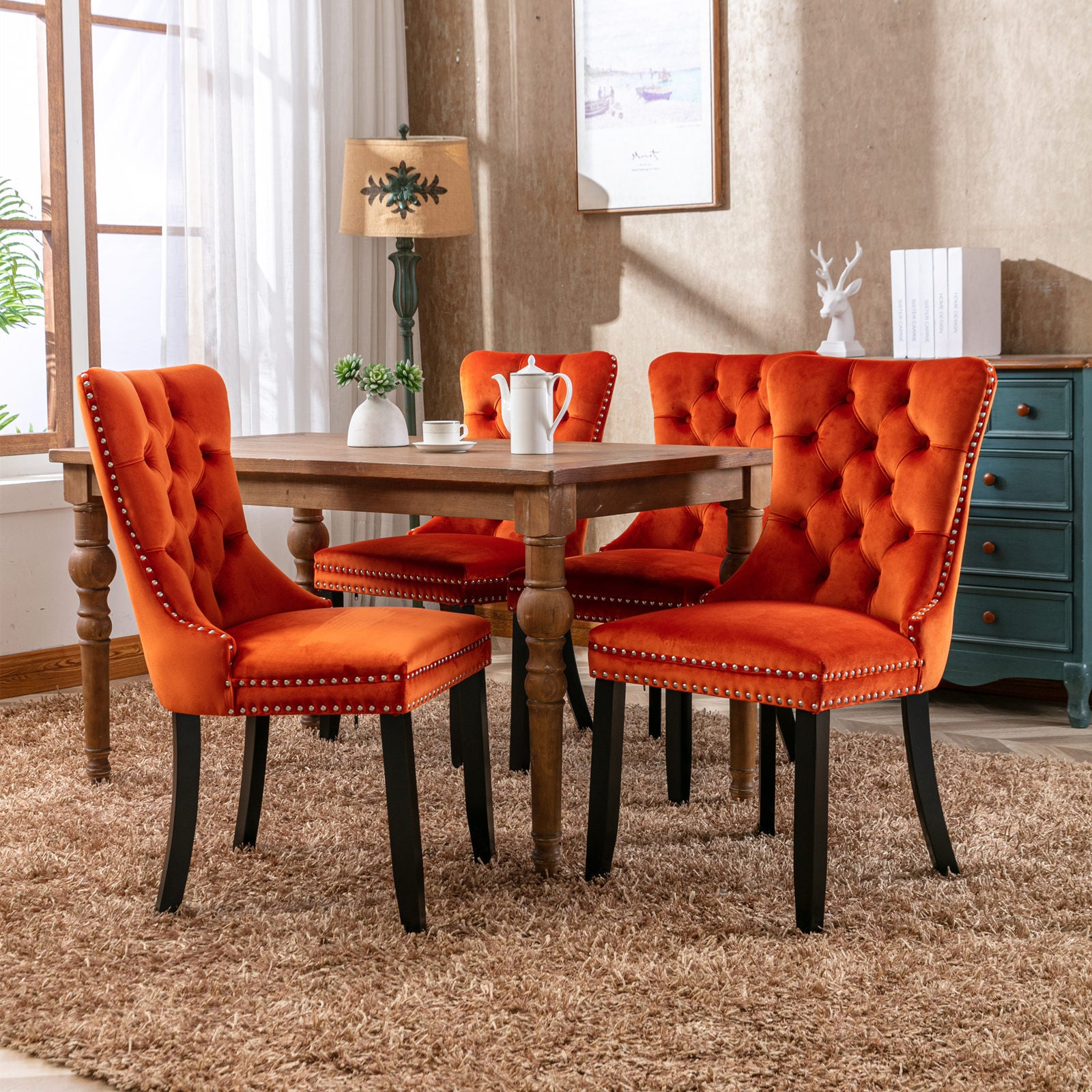 Nikki Collection Modern, High End Tufted Solid Wood Contemporary Velvet Upholstered Dining Chair With Wood Legs Trim 2 Pcs Set, Orange, Sw2001Og Orange Dining Room American Design Dining Chairs Rubberwood Foam Velvet