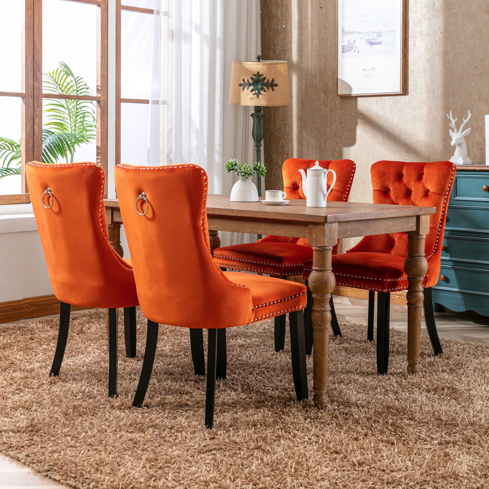 Nikki Collection Modern, High End Tufted Solid Wood Contemporary Velvet Upholstered Dining Chair With Wood Legs Trim 2 Pcs Set, Orange, Sw2001Og Orange Dining Room American Design Dining Chairs Rubberwood Foam Velvet