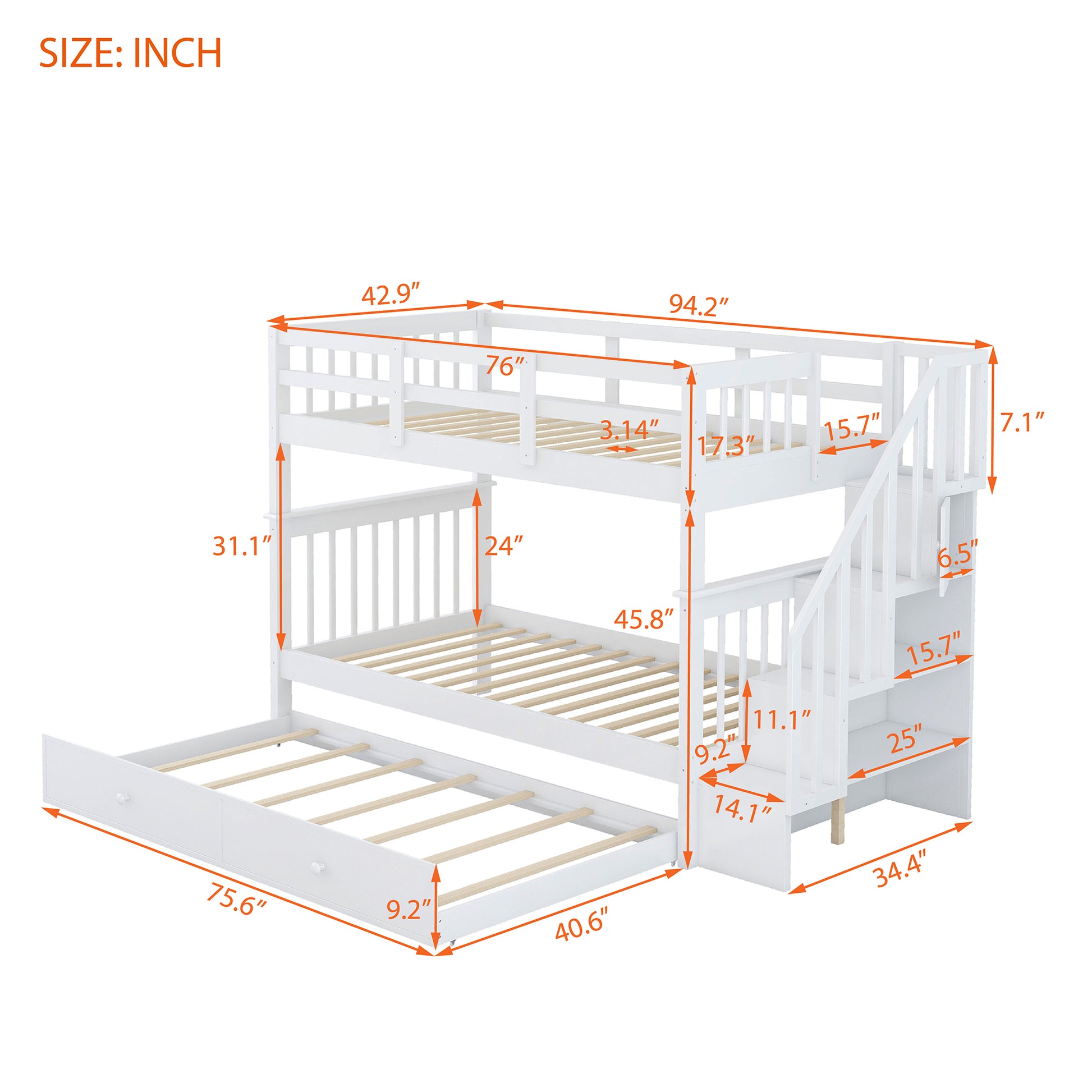 Stairway Twin Over Twin Bunk Bed With Twin Size Trundle For Bedroom, Dorm, Adults, White Old Sku: Lp000209Aak White Solid Wood