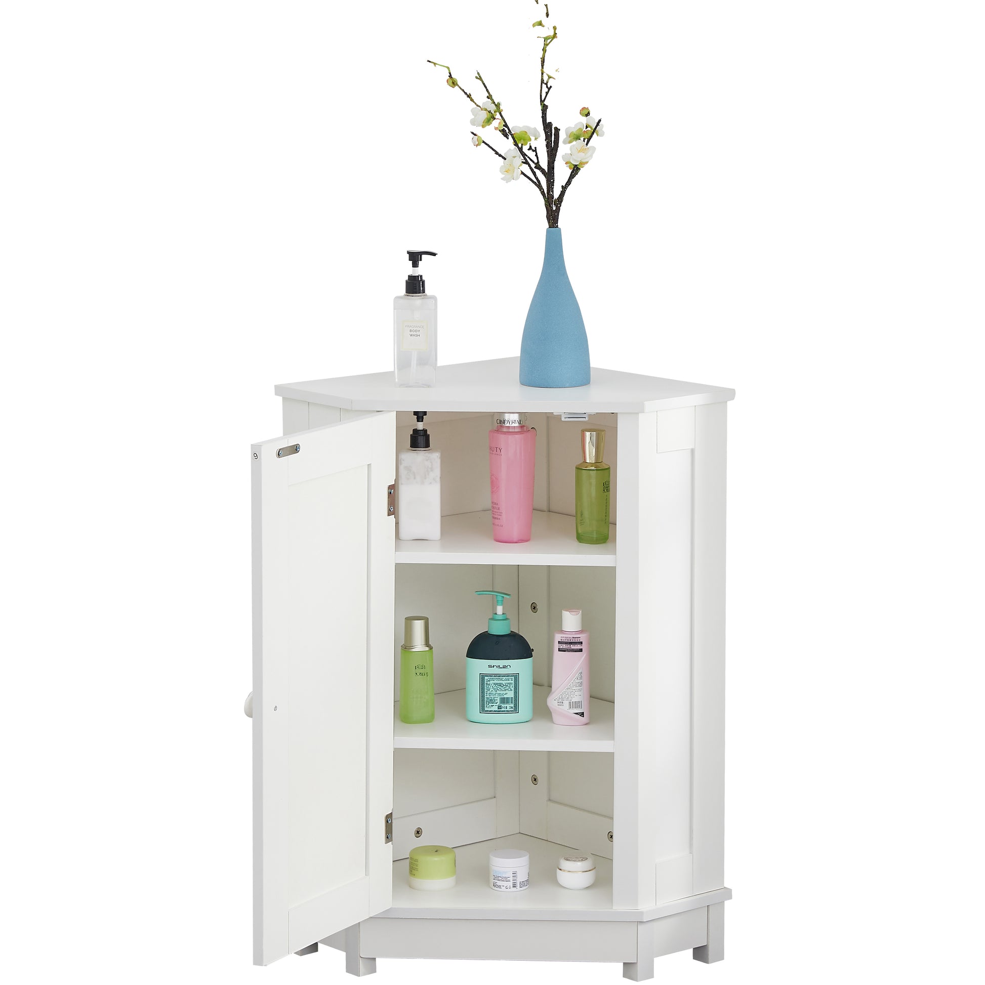 White Bathroom Cabinet Triangle Corner Storage Cabinet With Adjustable Shelf Modern Style Mdf Board Old Sku:Wf291477Aak White Mdf