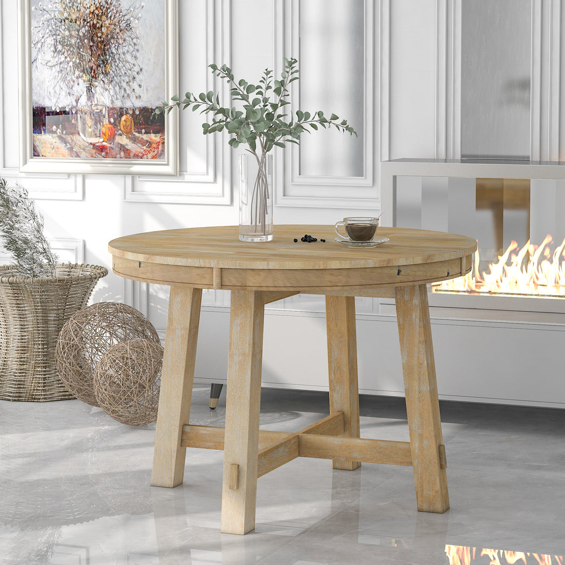 Farmhouse Round Extendable Dining Table With 16" Leaf Wood Kitchen Table Natural Wood Wash Natural Wood Wash Solid Wood