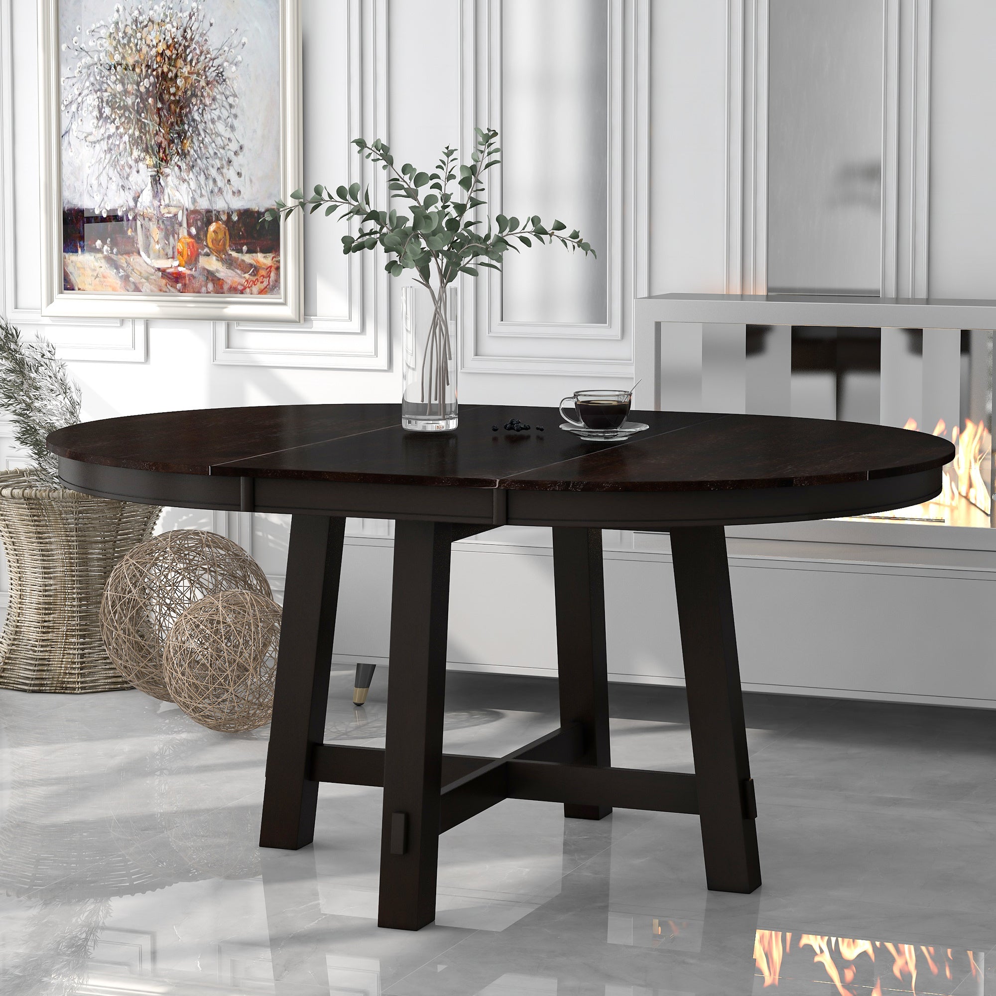 Farmhouse Round Extendable Dining Table With 16" Leaf Wood Kitchen Table Espresso Espresso Solid Wood