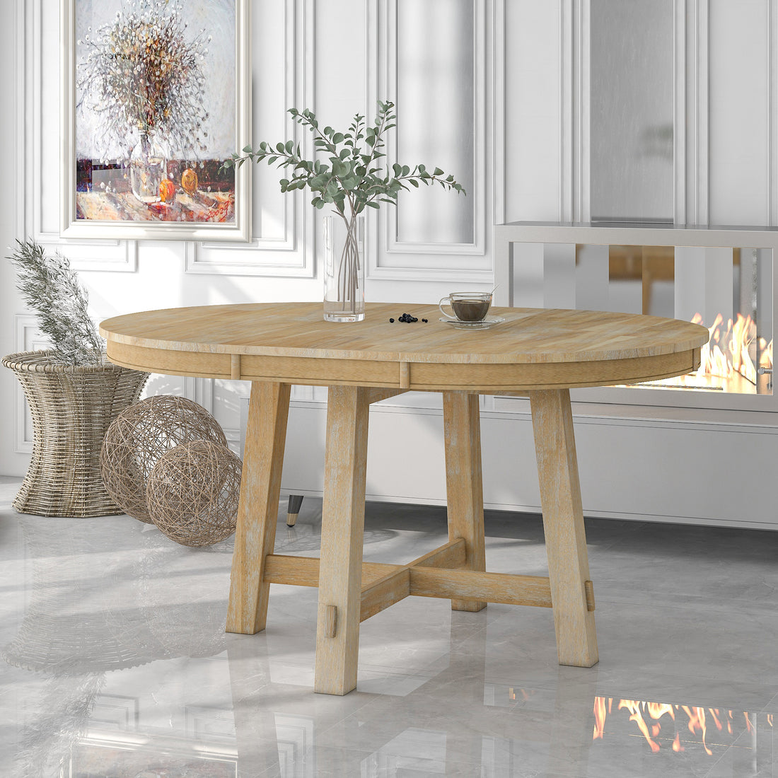 Farmhouse Round Extendable Dining Table With 16" Leaf Wood Kitchen Table Natural Wood Wash Natural Wood Wash Solid Wood