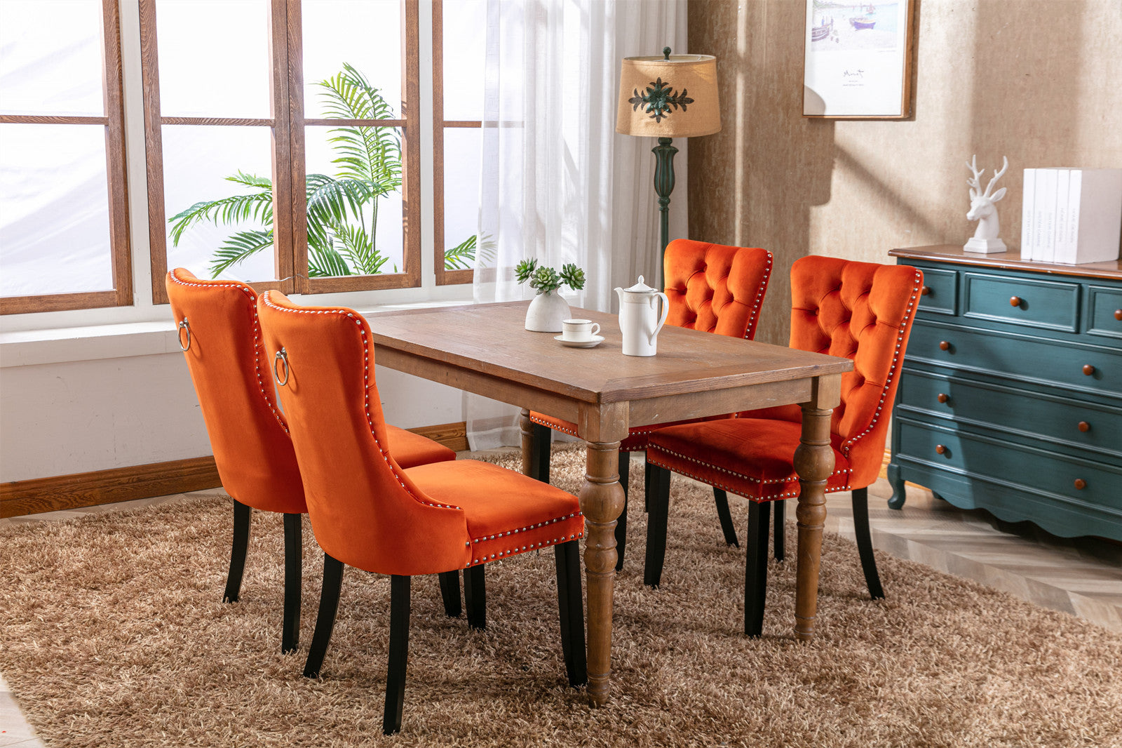 Nikki Collection Modern, High End Tufted Solid Wood Contemporary Velvet Upholstered Dining Chair With Wood Legs Trim 2 Pcs Set, Orange, Sw2001Og Orange Dining Room American Design Dining Chairs Rubberwood Foam Velvet