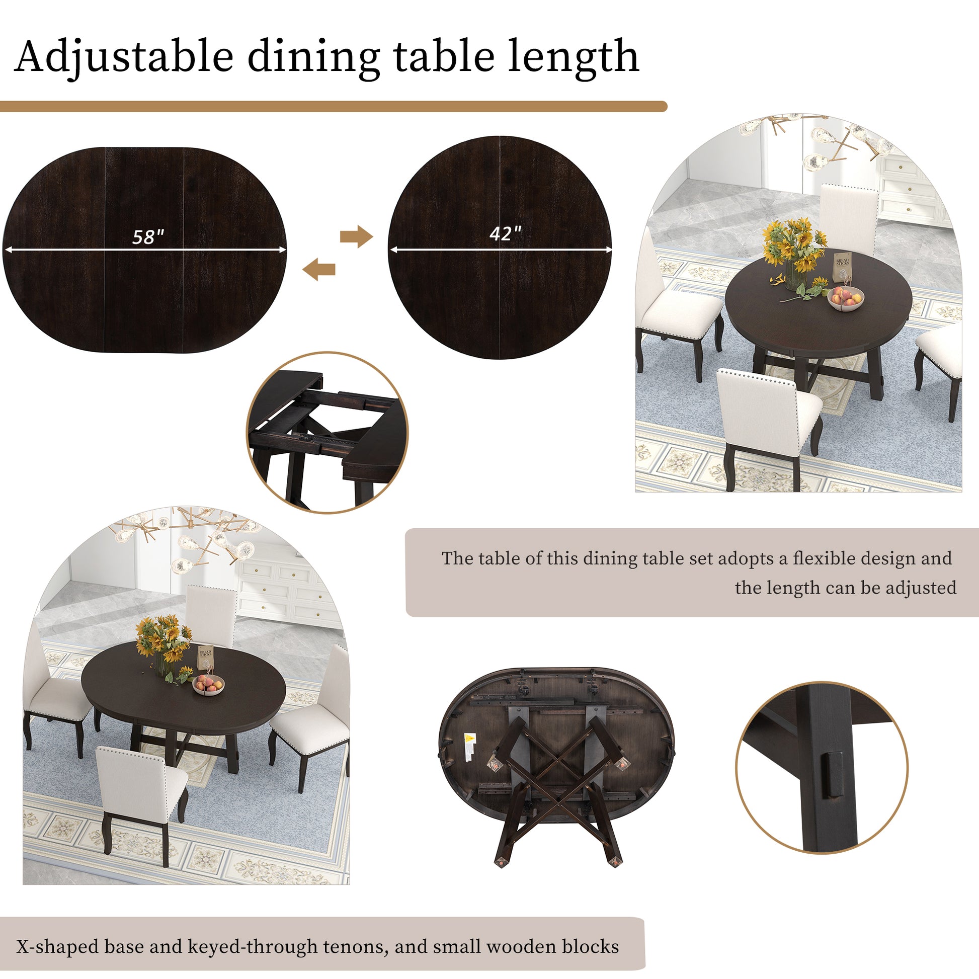 Farmhouse Round Extendable Dining Table With 16" Leaf Wood Kitchen Table Espresso Espresso Solid Wood