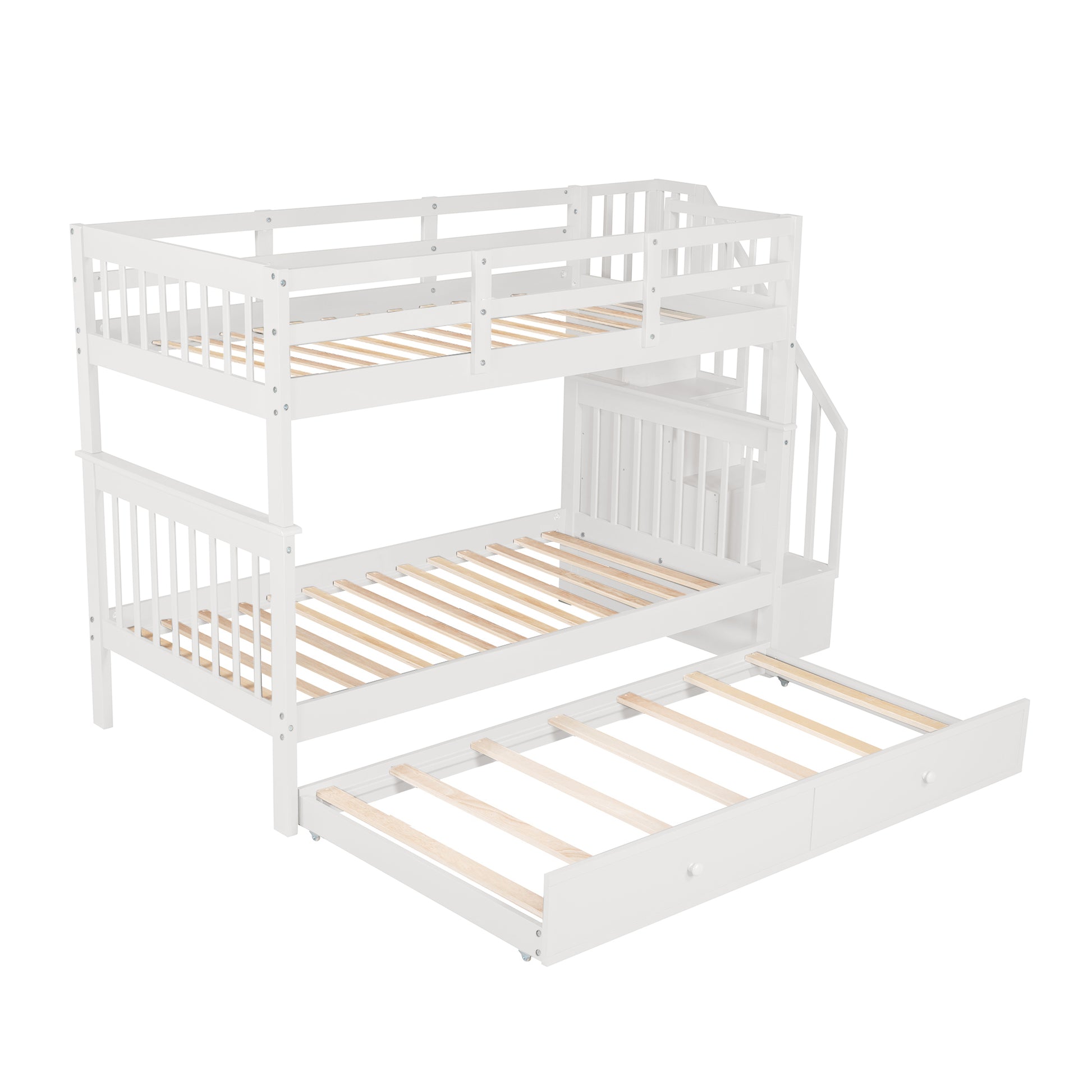 Stairway Twin Over Twin Bunk Bed With Twin Size Trundle For Bedroom, Dorm, Adults, White Old Sku: Lp000209Aak White Solid Wood