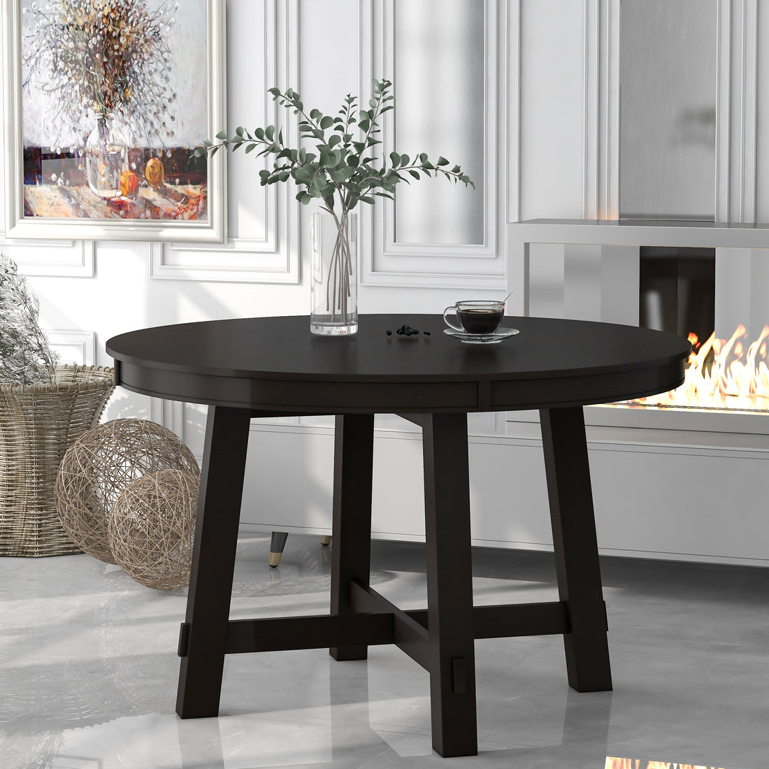 Farmhouse Round Extendable Dining Table With 16" Leaf Wood Kitchen Table Espresso Espresso Solid Wood