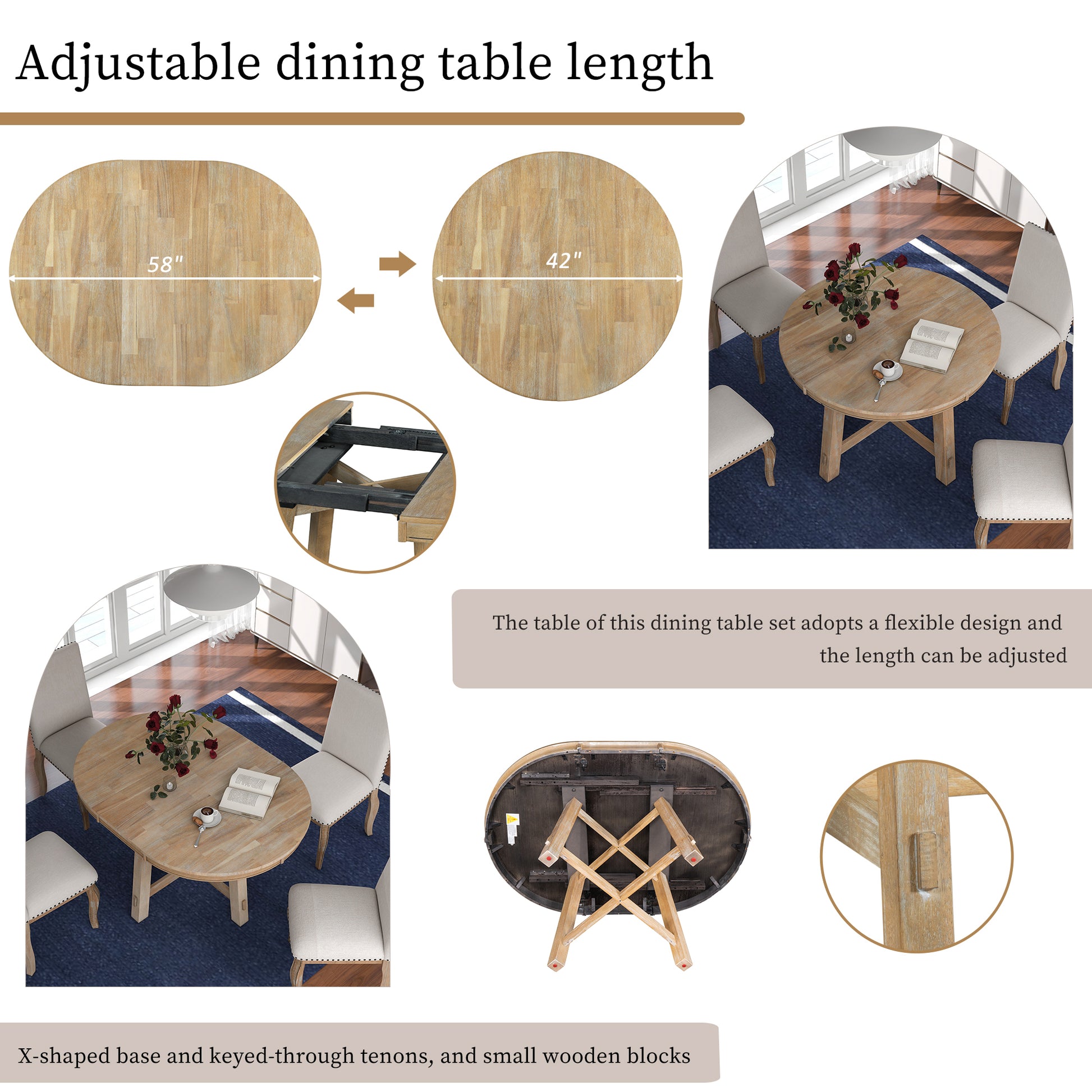 Farmhouse Round Extendable Dining Table With 16" Leaf Wood Kitchen Table Natural Wood Wash Natural Wood Wash Solid Wood