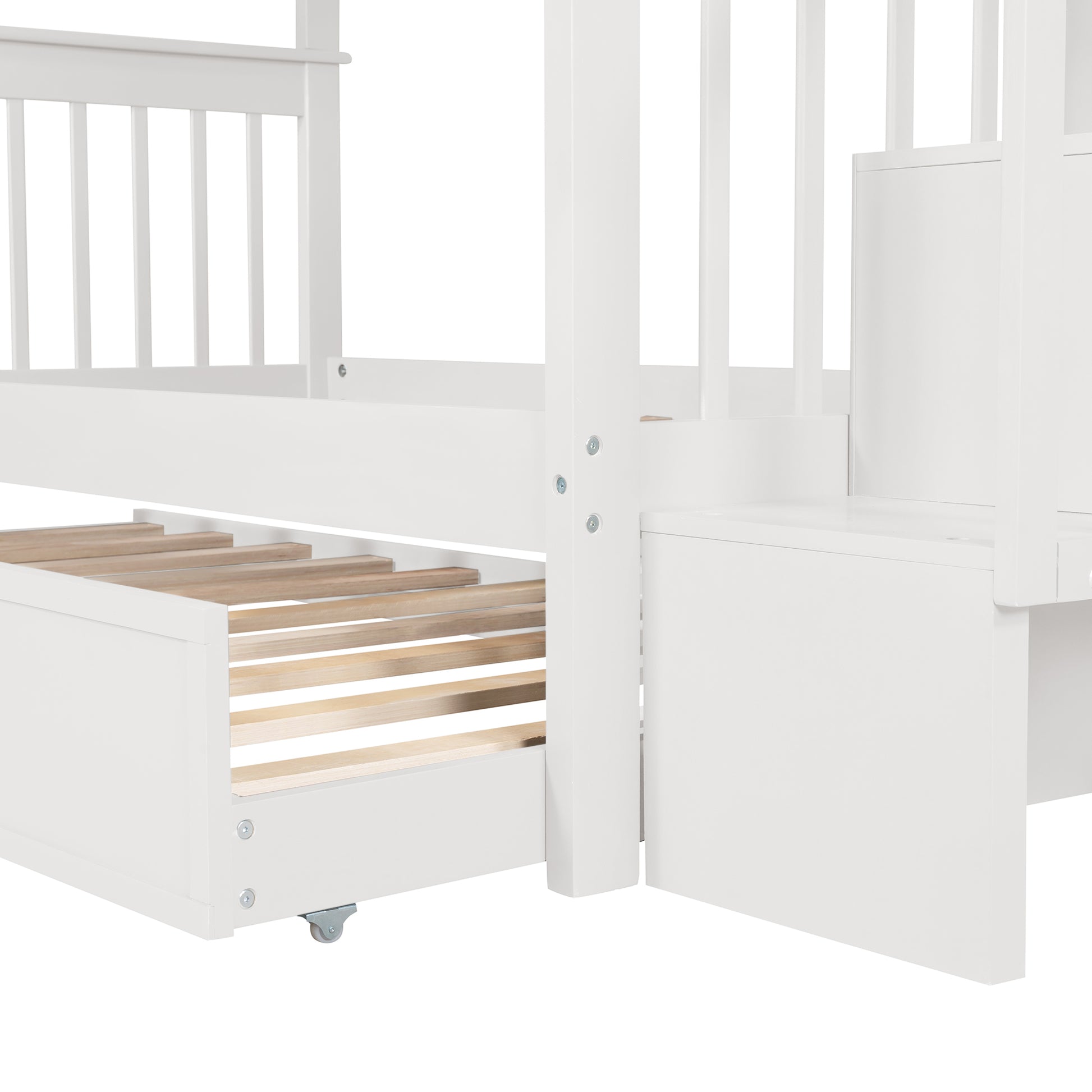 Stairway Twin Over Twin Bunk Bed With Twin Size Trundle For Bedroom, Dorm, Adults, White Old Sku: Lp000209Aak White Solid Wood