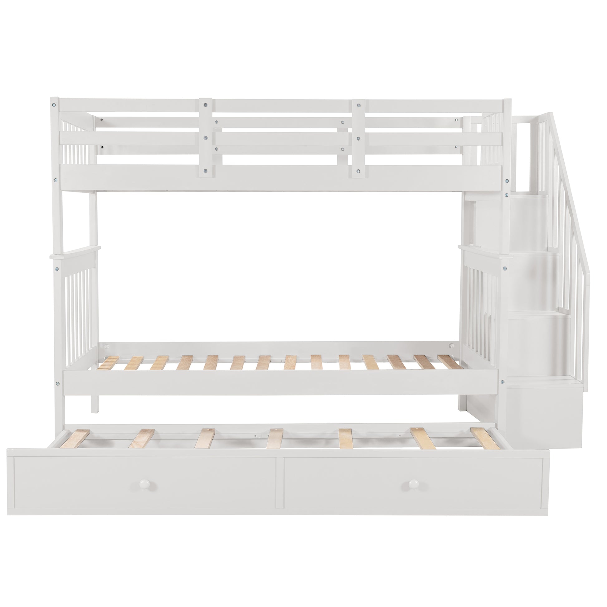 Stairway Twin Over Twin Bunk Bed With Twin Size Trundle For Bedroom, Dorm, Adults, White Old Sku: Lp000209Aak White Solid Wood