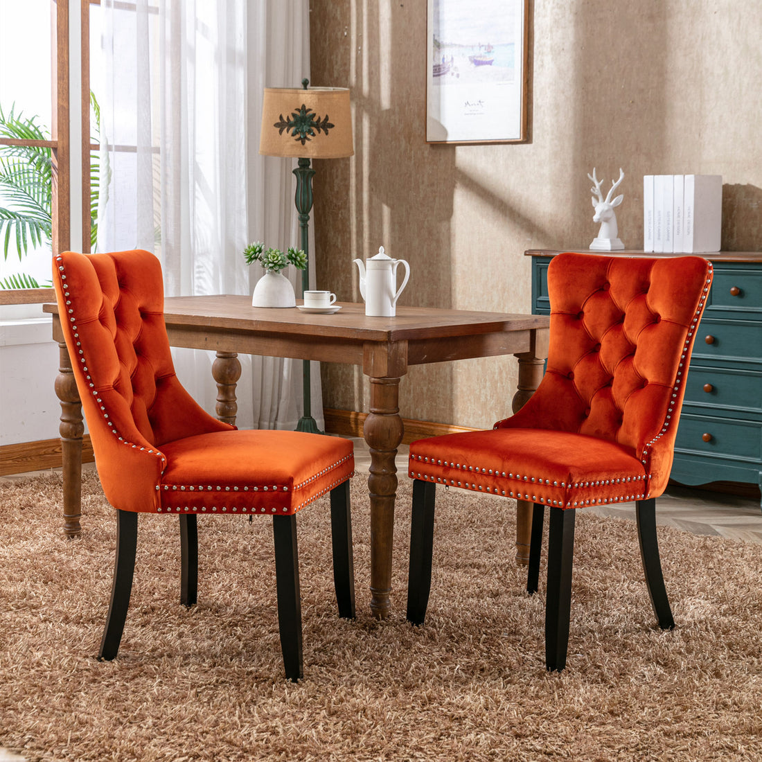 Nikki Collection Modern, High End Tufted Solid Wood Contemporary Velvet Upholstered Dining Chair With Wood Legs Trim 2 Pcs Set, Orange, Sw2001Og Orange Dining Room American Design Dining Chairs Rubberwood Foam Velvet