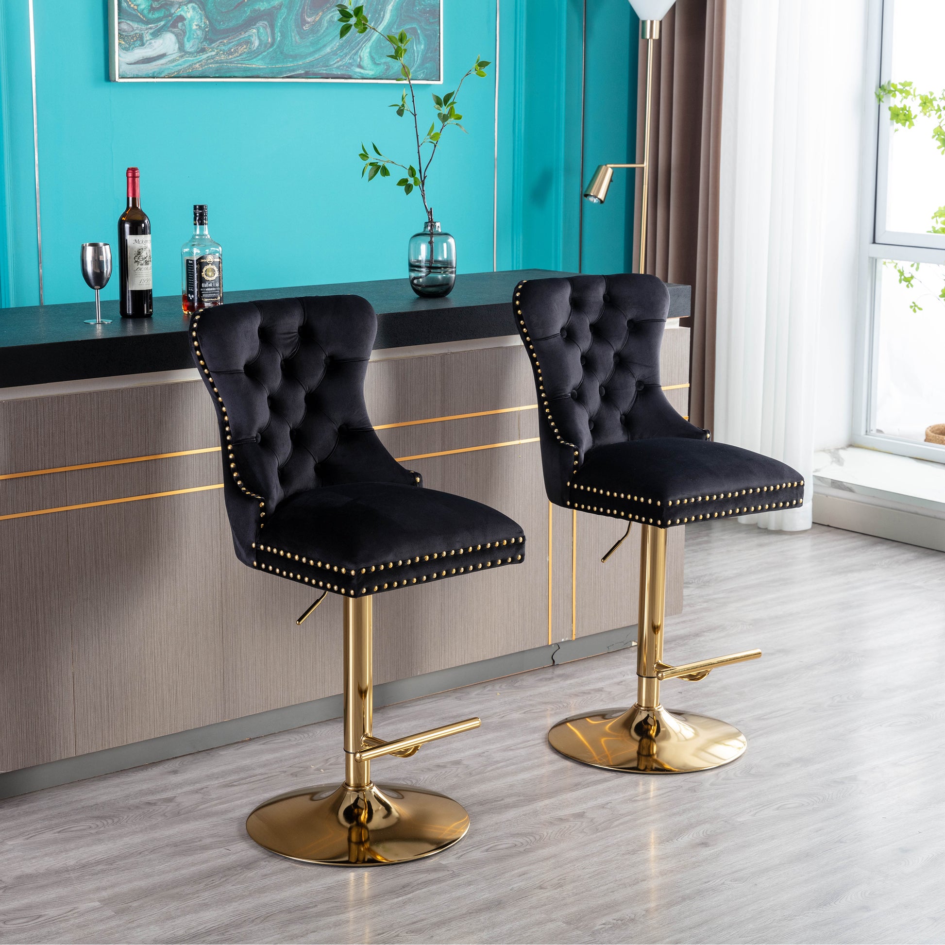 Swivel Bar Stools Chair Set Of 2 Modern Adjustable Counter Height Bar Stools, Velvet Upholstered Stool With Tufted High Back & Ring Pull For Kitchenchrome Golden Base, Black Black Foam Fabric