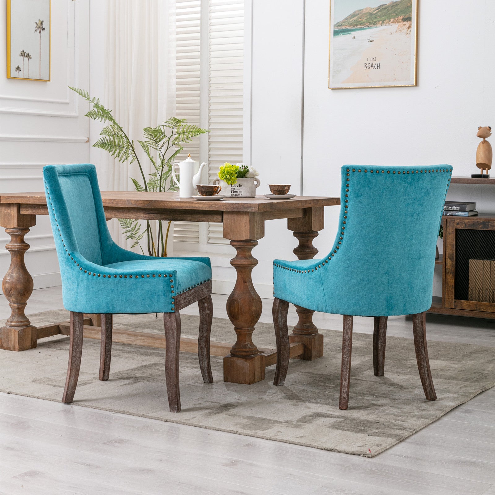 Ultra Side Dining Chair Thickened Fabric Chairs With Neutrally Toned Solid Wood Legs Bronze Nail Head Set Of 2 Blue Blue Foam Fabric