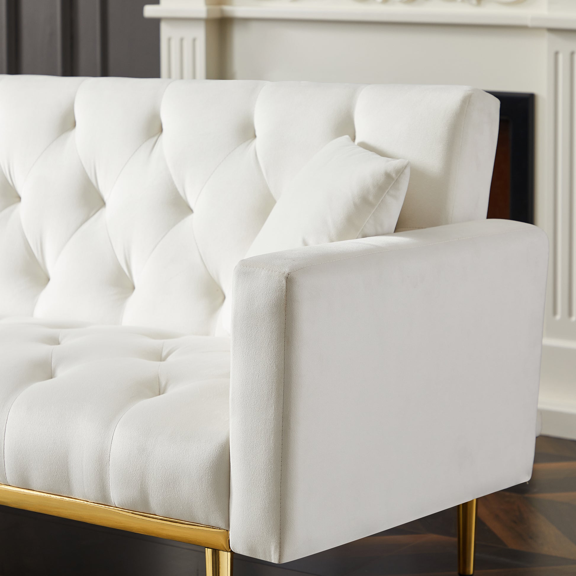 Cream White Convertible Folding Futon Sofa Bedsleeper Sofa Couch For Compact Living Space. Cream White Wood Tufted Back Square Arms Foam Velvet