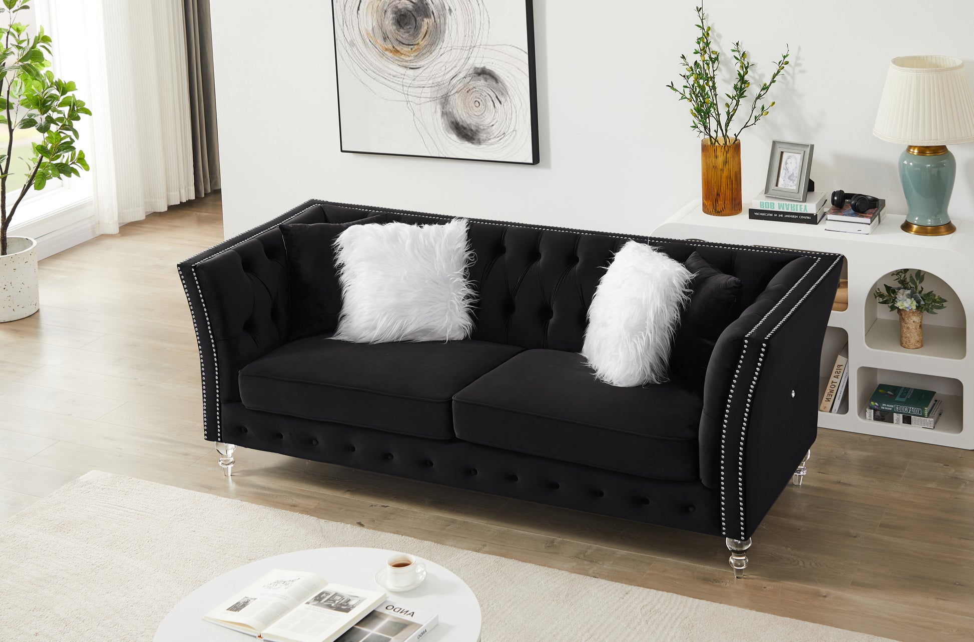 L8085B Three Seat Sofa Black Black Velvet