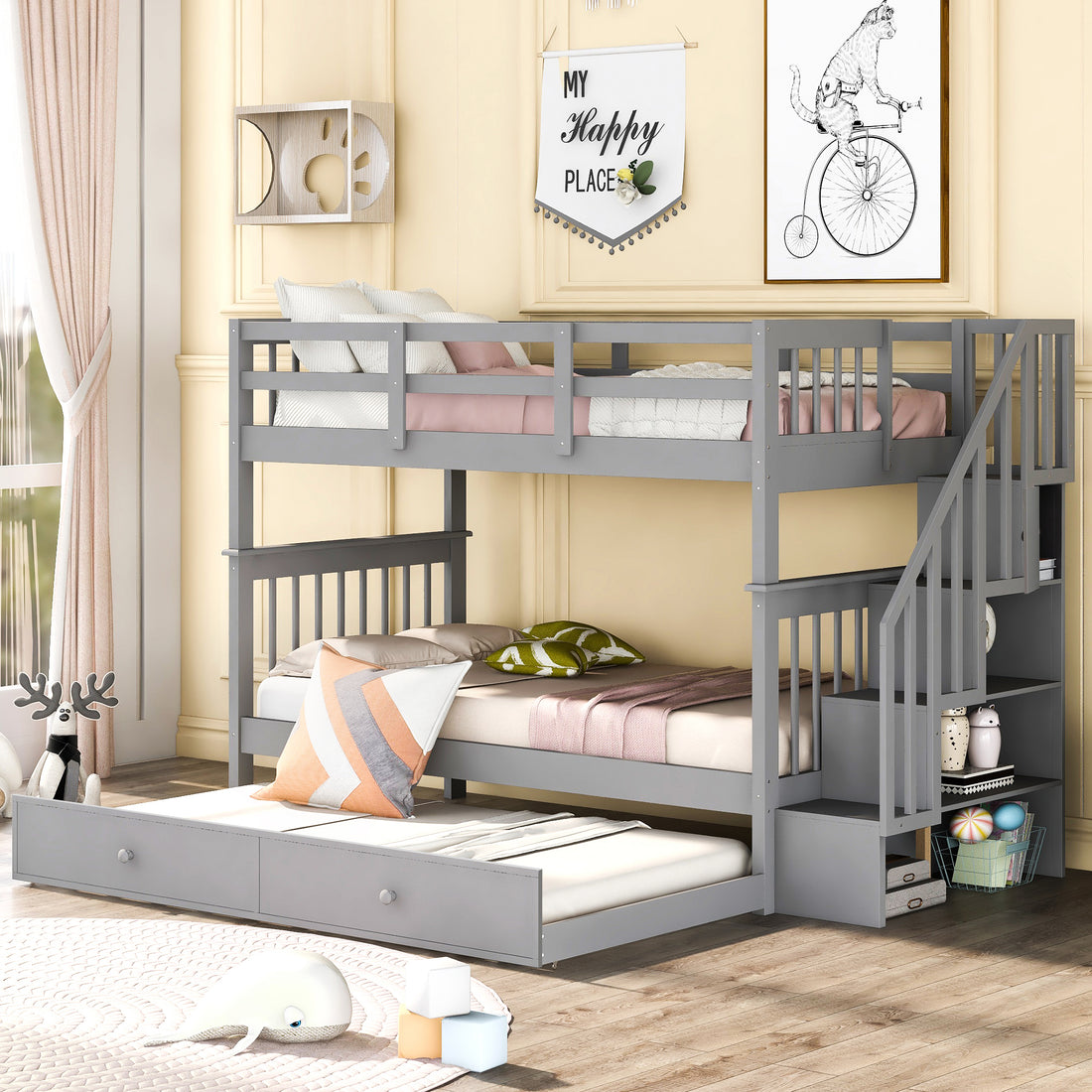 Stairway Twin Over Twin Bunk Bed With Twin Size Trundle For Bedroom, Dorm, Adults, Gray Old Sku: Lp000209Aae Gray Solid Wood
