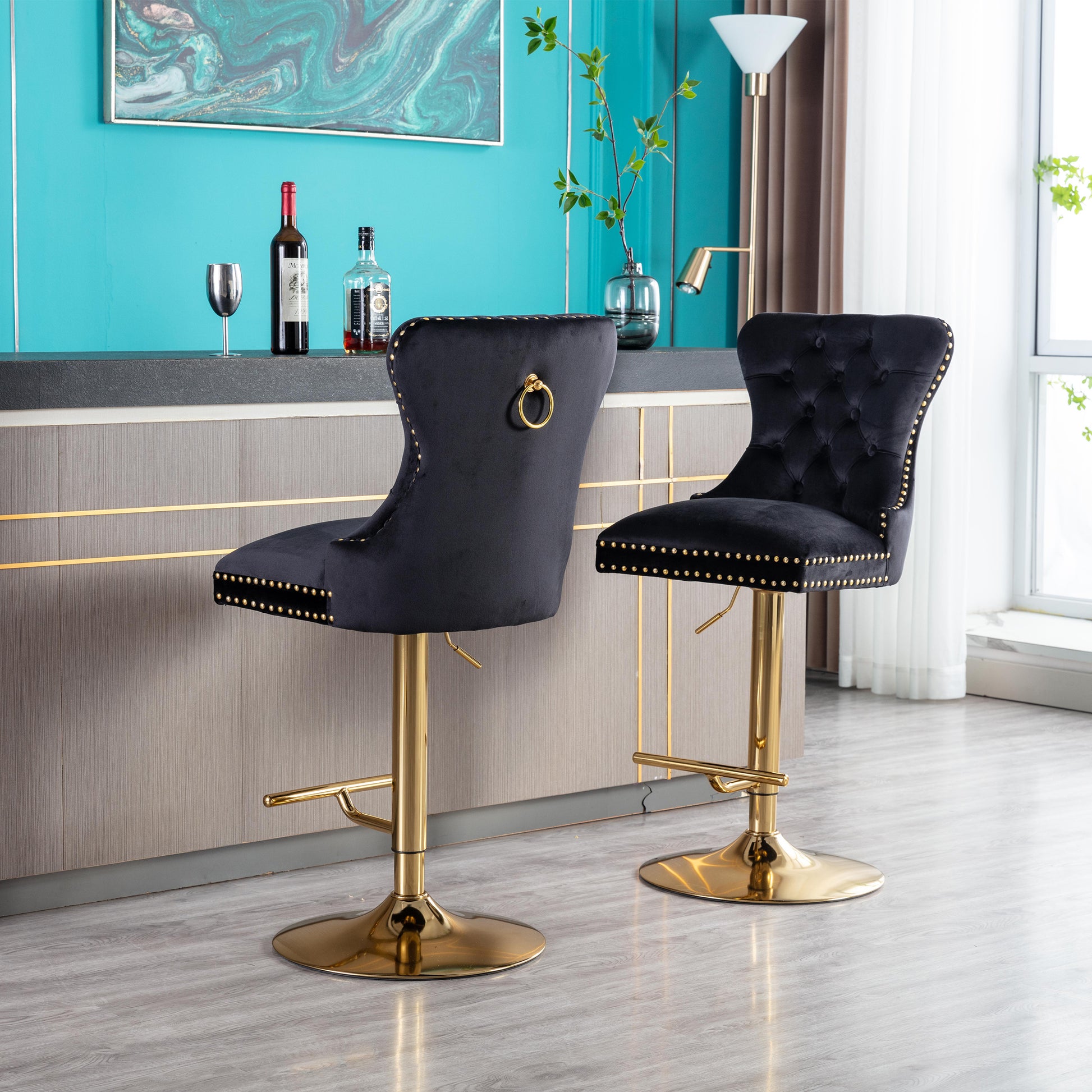 Swivel Bar Stools Chair Set Of 2 Modern Adjustable Counter Height Bar Stools, Velvet Upholstered Stool With Tufted High Back & Ring Pull For Kitchenchrome Golden Base, Black Black Foam Fabric